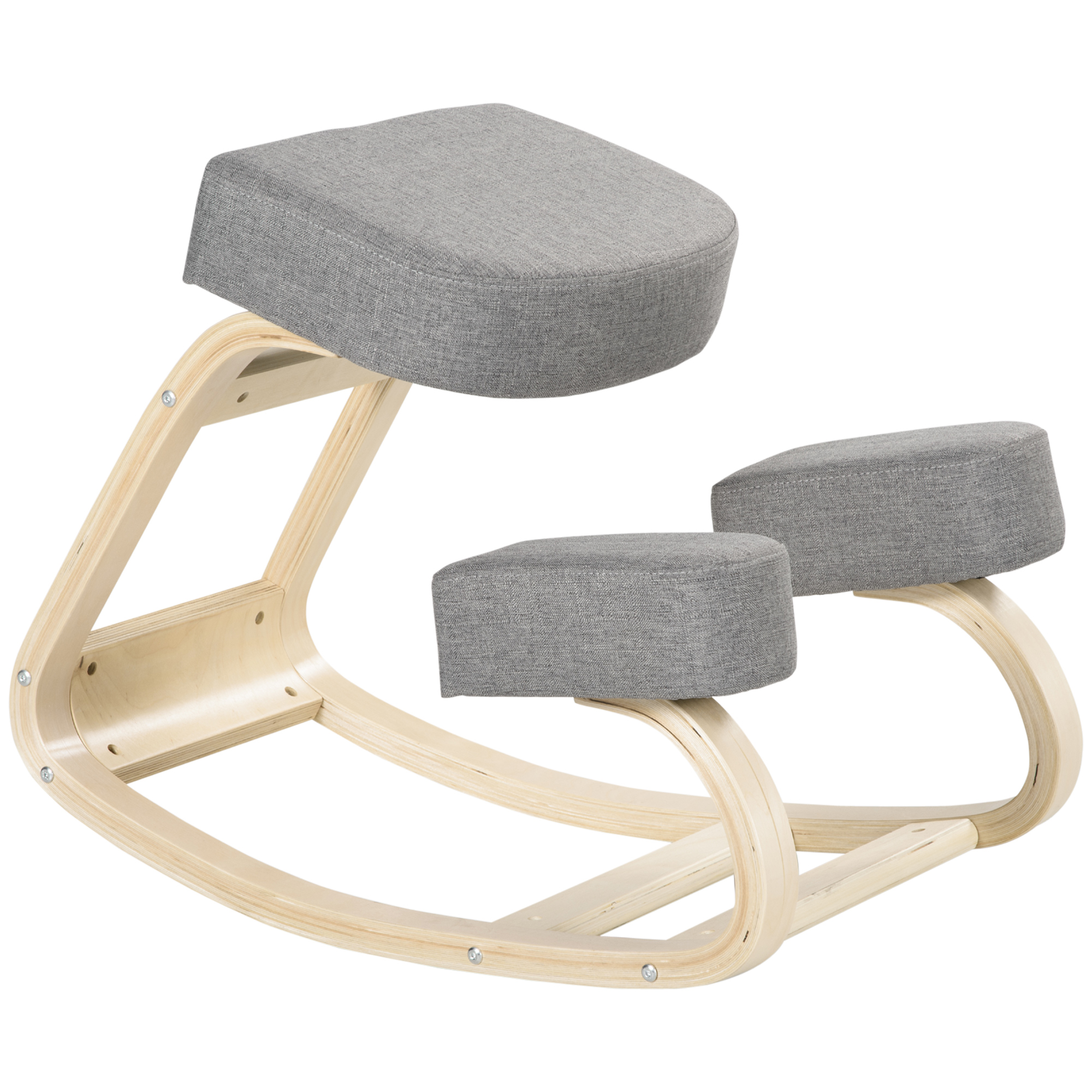 Ceļgalu krēsls, ergonomisks krēsls, polsterēts krēsls veselīgai stājai, bērza koks, 120 kg slodzes izturība, pelēks