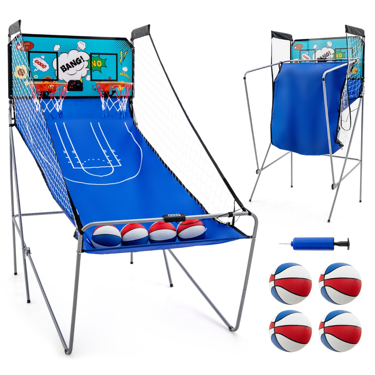 8 vienā basketbola mašīna ar 4 bumbām un gaisa sūkni un 8 spēles režīmiem, arkādes basketbola spēles, zaļa