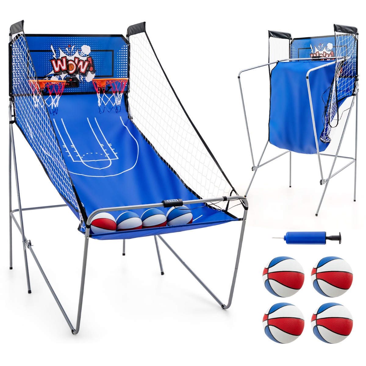 8 vienā basketbola mašīna ar 4 bumbām, gaisa sūkni un 8 spēles režīmiem, arkādes basketbola spēles, tumši zila