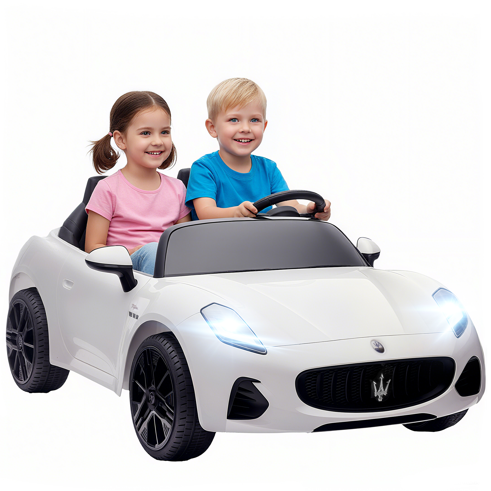Maserati elektromobilis bērniem, divvietīgs, darbojas ar 12 V akumulatoru, tālvadības pults, LED gaismas, mūzikas funkcija, balts