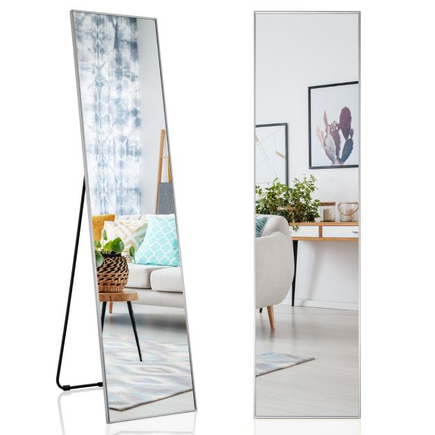 Kaks-ühes purunemiskindlast klaasist täispikkuses seinapeegel ja tugijalaga põrandapeegel (160 x 40 cm), hõbedane