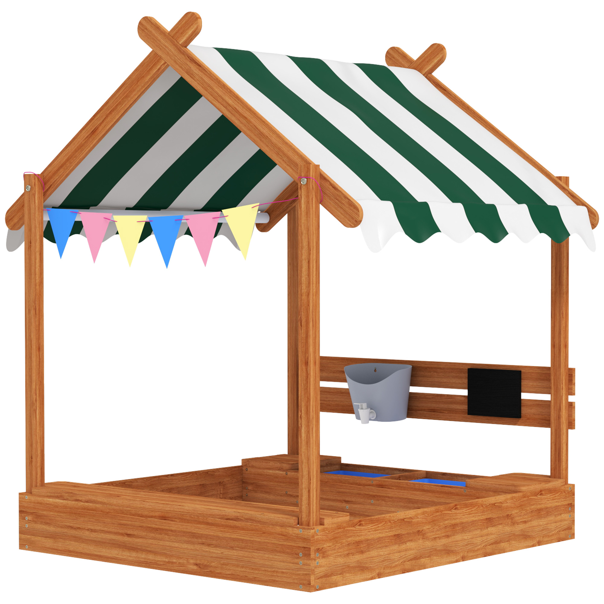 Liivakast päikesevarjuga mängumaja disainiga mänguasjade komplektiga töödeldud täispuit 124 x 116 x 146 cm roheline