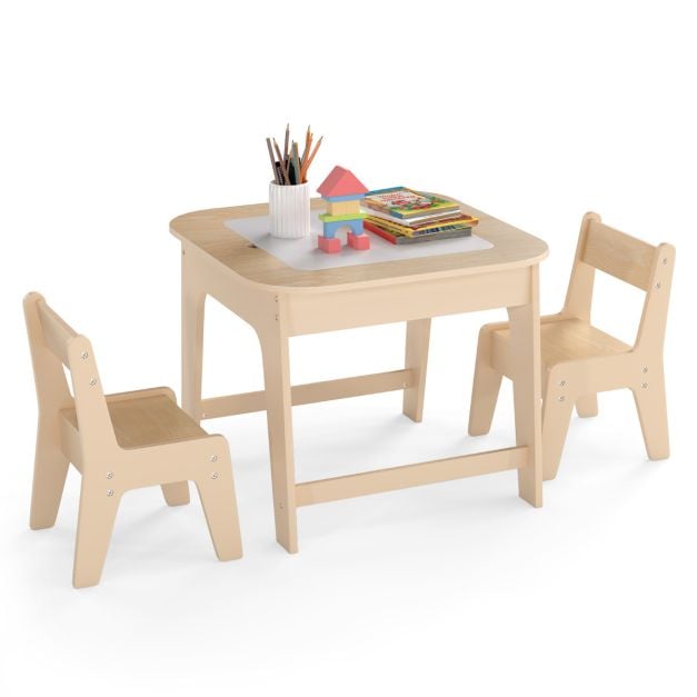 Bērnu galds ar 2 krēsliem, 3 TLG, bērnu sēdekļu grupa, koks, divpusēja galda virsma, dabīga krāsa
