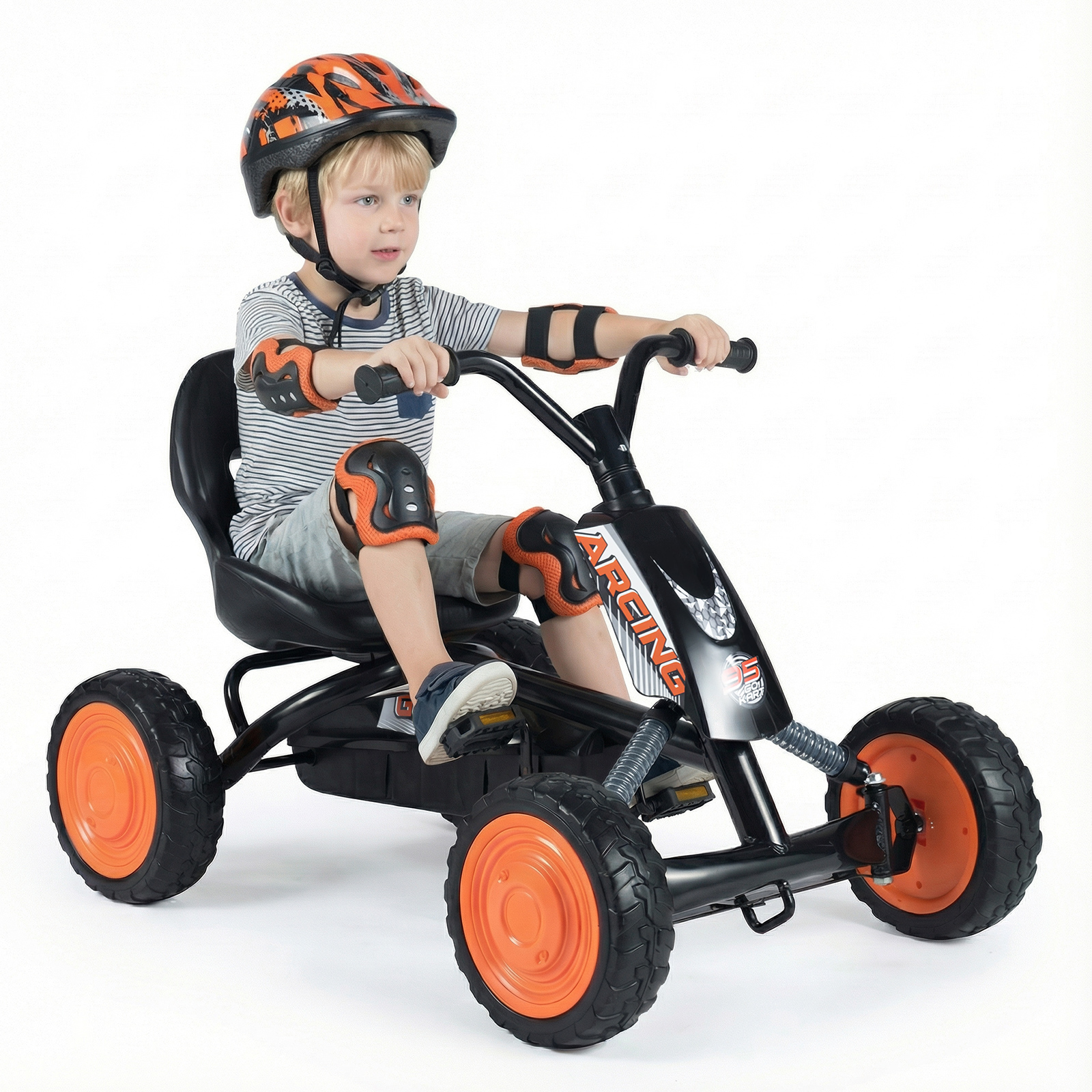 Bērnu pedāļu kartings ar 2 pozīciju regulējamu sēdekli, bērnu kartings ar 4 nodilumizturīgiem riteņiem, 30 kg kravnesība, 3-8 gadu vecumam, melns