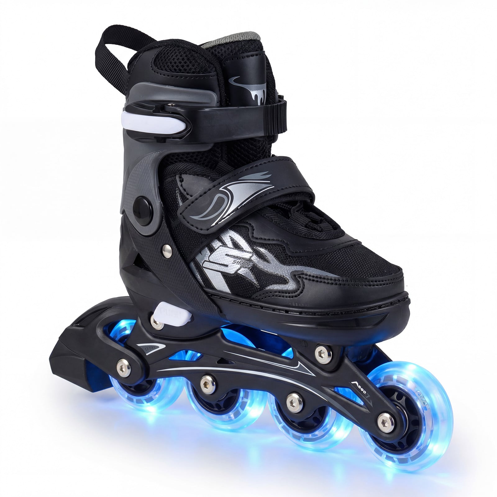 Bērnu skrituļslidas (Inline Skates) regulējamas četros izmēros ar gaismas diožu riteņiem, S izmērs (EU 30-33), pelēks