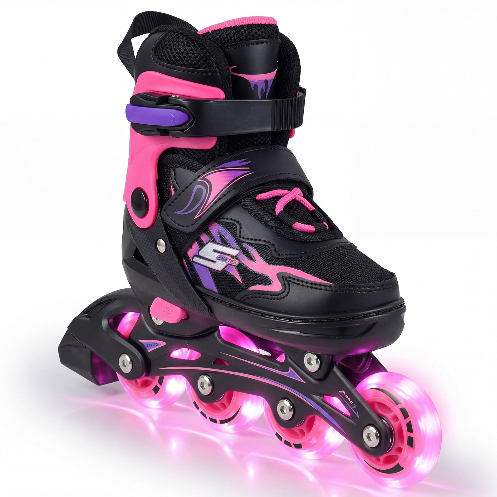 Bērnu skrituļslidas (Inline Skates) regulējamas četros izmēros ar gaismas diožu riteņiem, S izmērs (EU 30-33), rozā