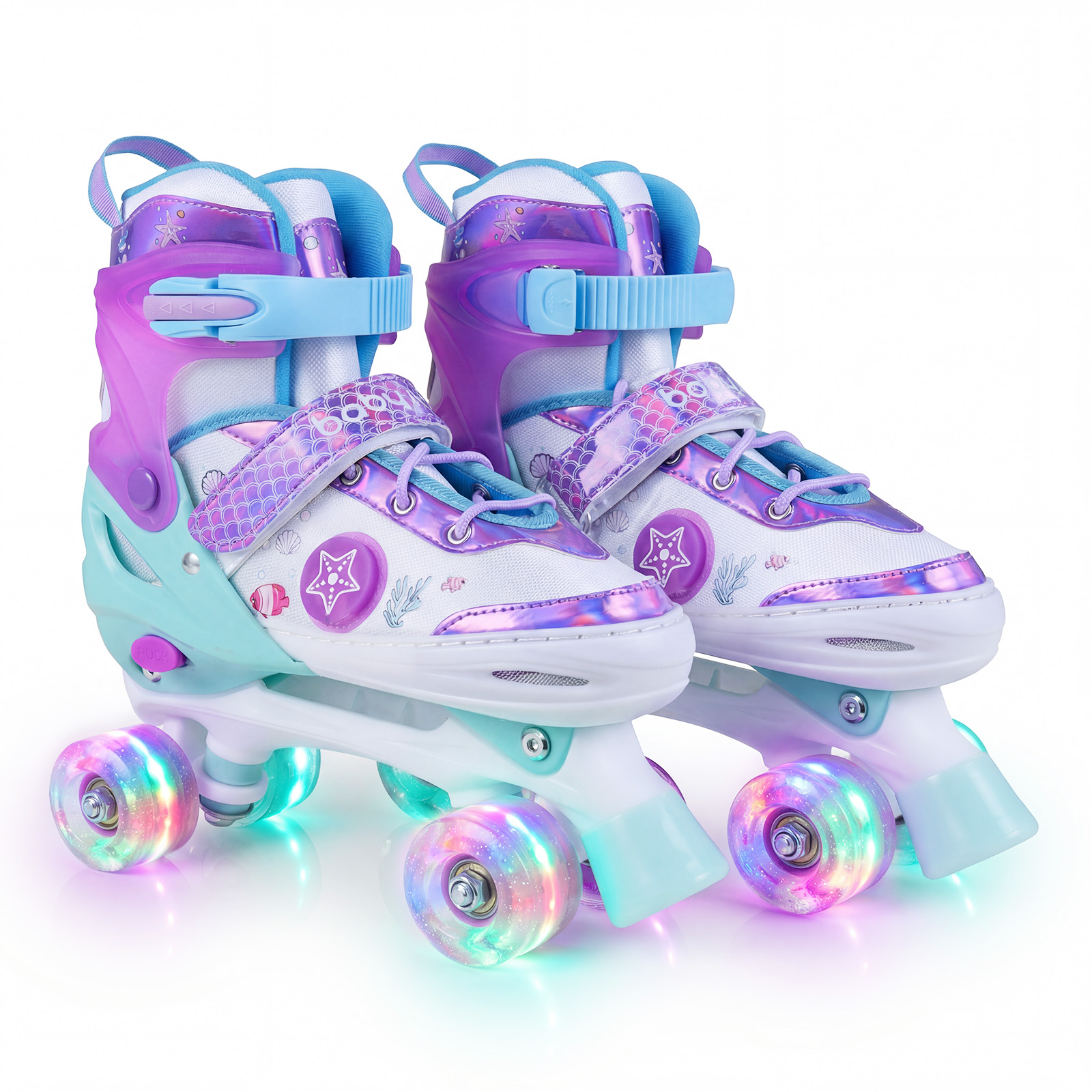 Neljale suurusele reguleeritavad helendavate LED-ratastega laste klassikalised rulluisud (Quad Skates), suurus L (EU 37–41), lilla
