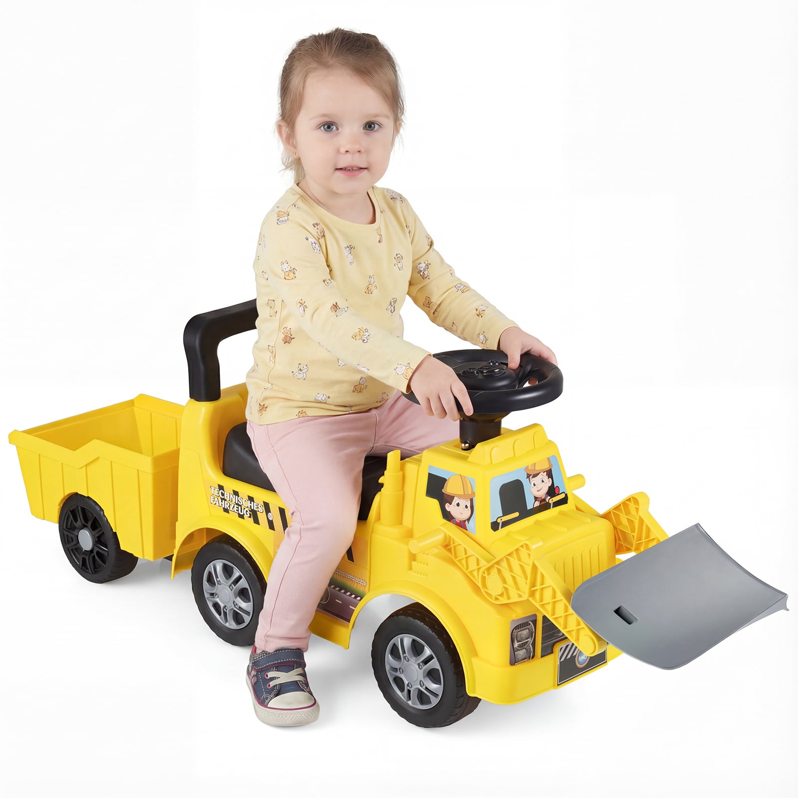 Bērnu braucamā automašīna ar piekabi un lāpstu, Bērnu transportlīdzeklis, braucamā automašīna, rotaļu automašīna ar uzglabāšanas vietu, dzeltena
