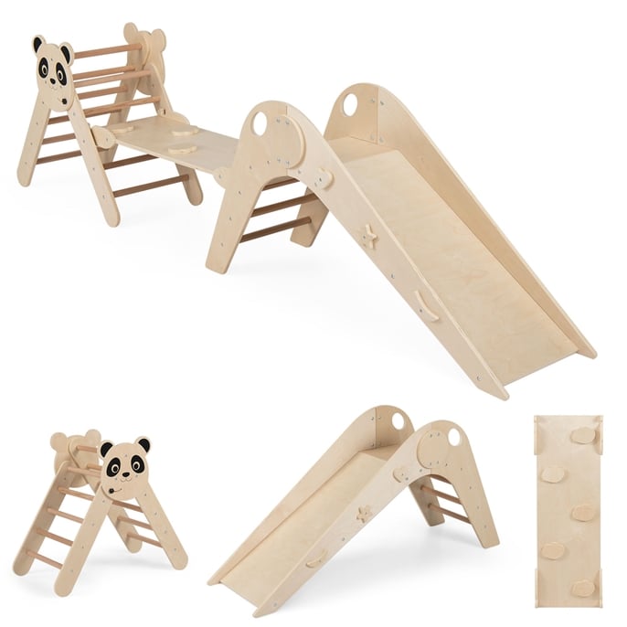 Trīsstūra komplekts, salokāms bērnu kāpšanas rotaļlietu komplekts ar pandas tematiku, Montessori koka kāpšanas komplekts - dabīgs