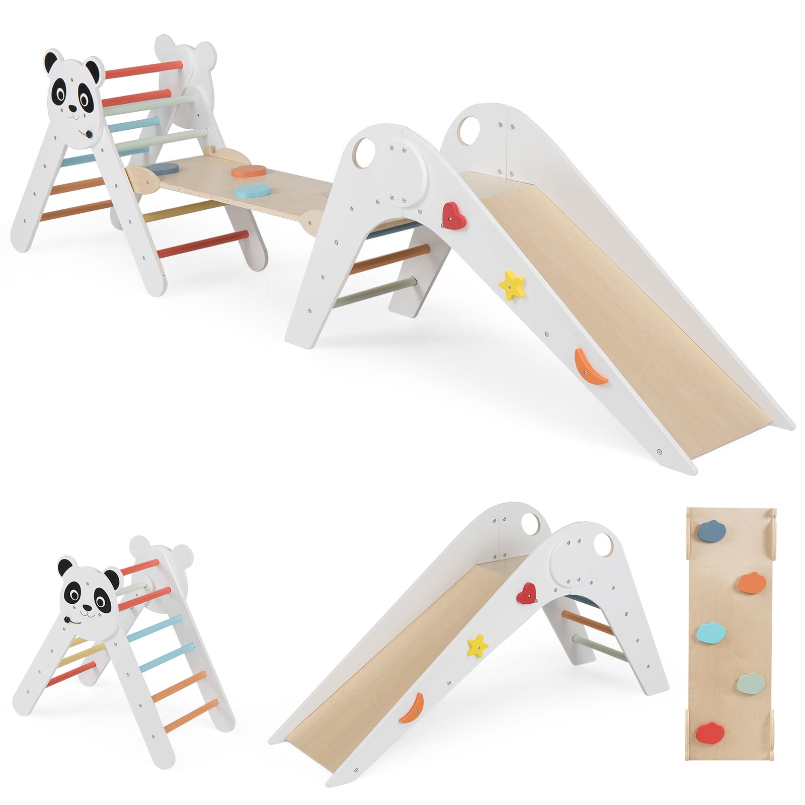 Trīsstūra komplekts, saliekams bērnu kāpšanas rotaļlietu komplekts ar pandas tematiku, Montessori koka kāpšanas komplekts - daudzkrāsains