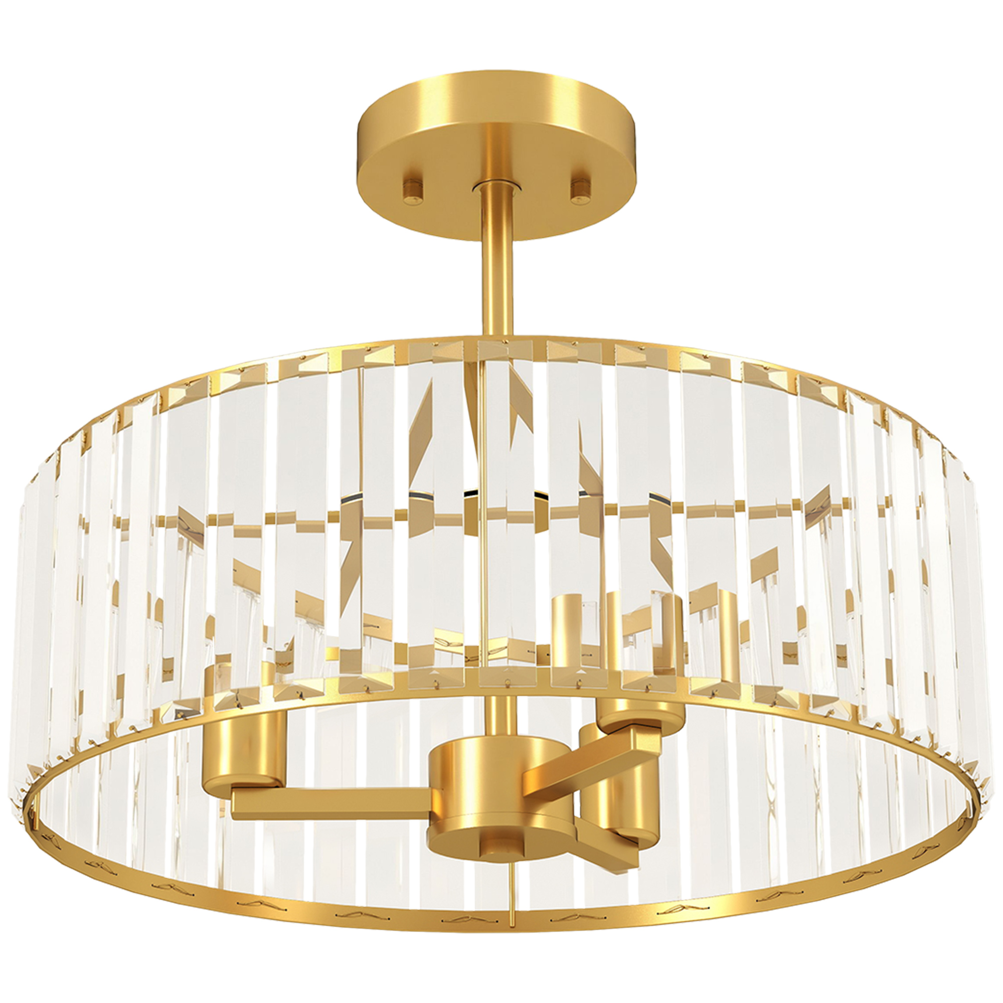 Griestu lampa, lustras dizains, kristāla abažūrs, 3 spuldzes, metāla, zelta krāsā