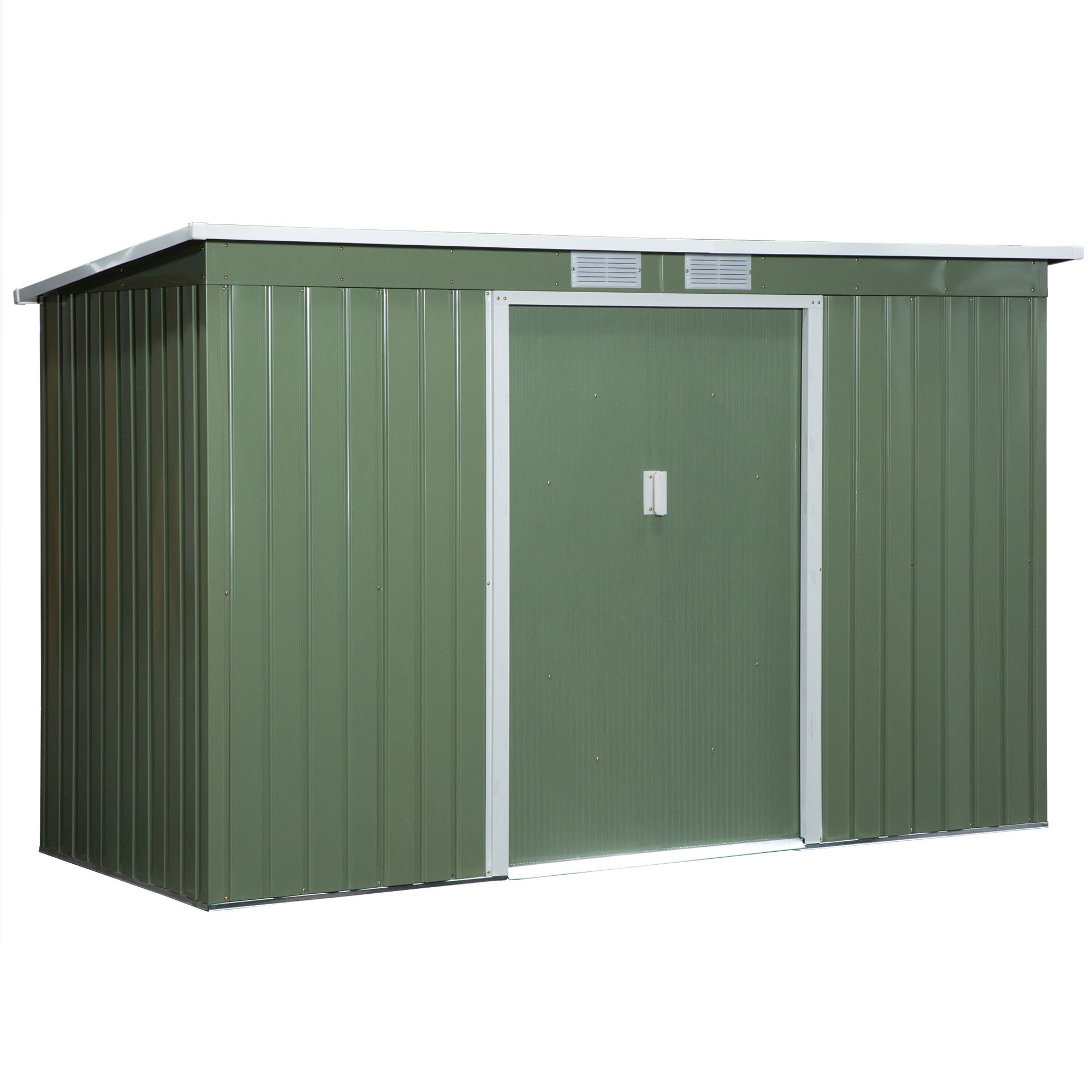 Metāla dārza šķūnis 6,3 m³ 280 x 130 x 172 cm, instrumentu šķūnis ar divstāvu jumtu un bīdāmām durvīm, izturīgs pret laikapstākļiem, dārza mājiņa/šķūnis/skapis izmantošanai pagalmā/ārā, antracīta krāsā, gaiši zaļa krāsā