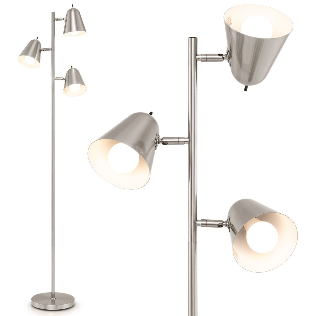 3 lampu grīdas lampa, koka lampa ar 3 E26 A19 spuldzēm un regulējamiem abažūriem, izturīgs metāla kāts un smaga pamatne, sudraba krāsā