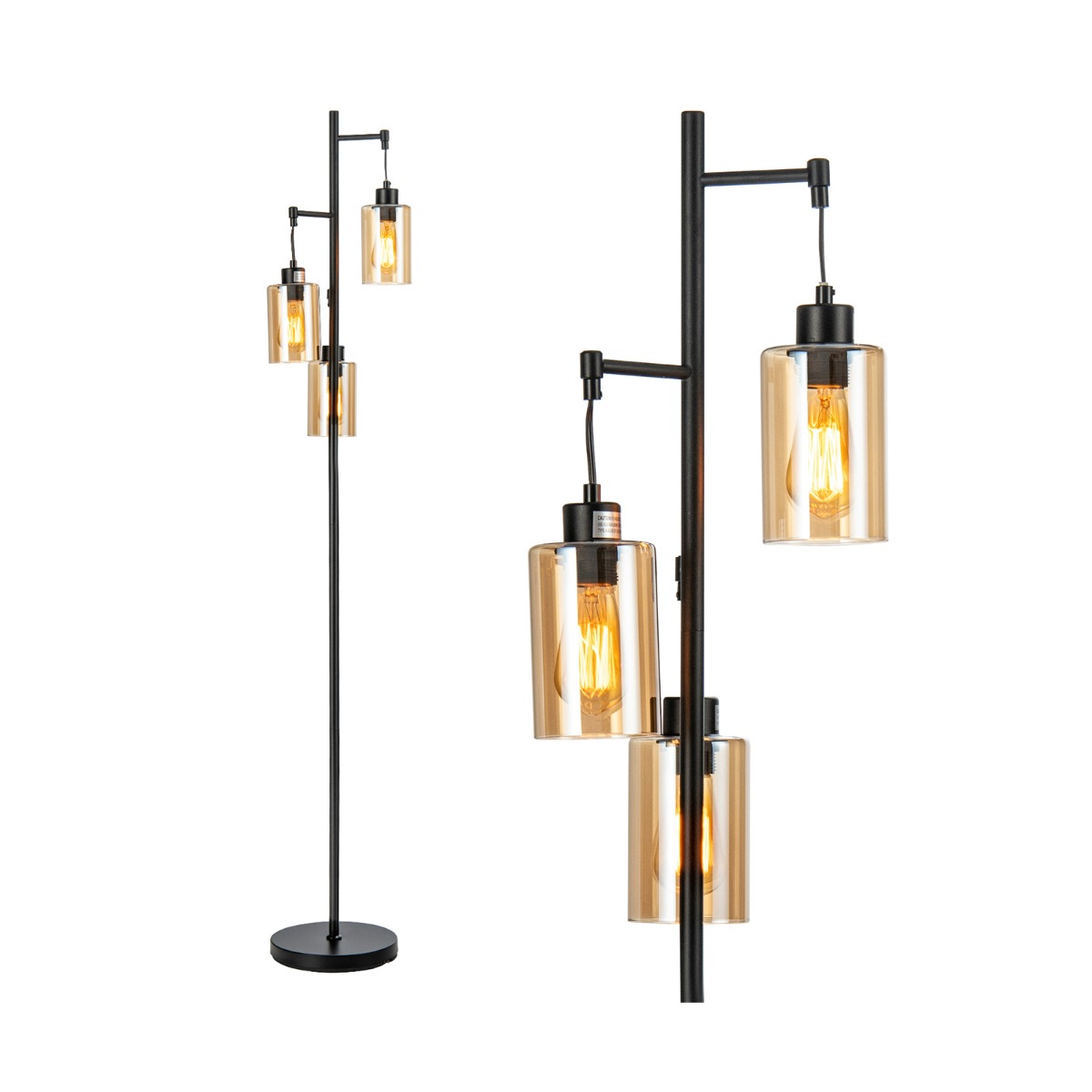 Elegantse merevaigukarva klaasist kuplitega retro-põrandalamp, 3 rippuva valgustipeaga modernne valgusti metallalusel (164 cm), must