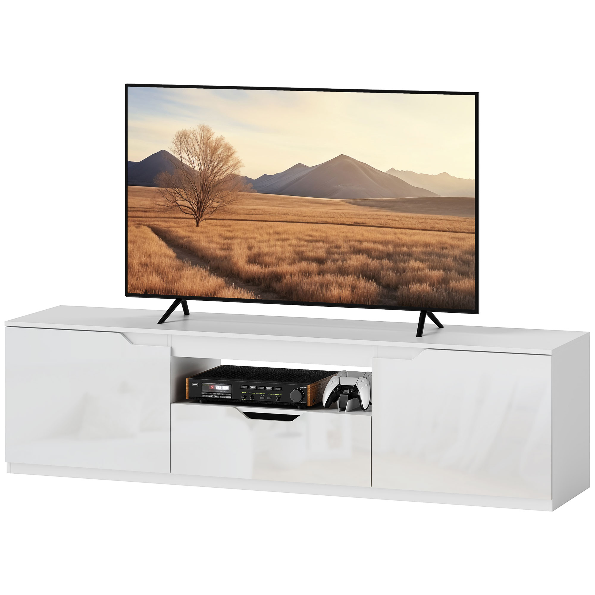 Zemais TV skapītis, spīdīgs, televizoriem līdz 165 cm, 3 nodalījumi, atvilktne, 160 x 38 x 43 cm, balts