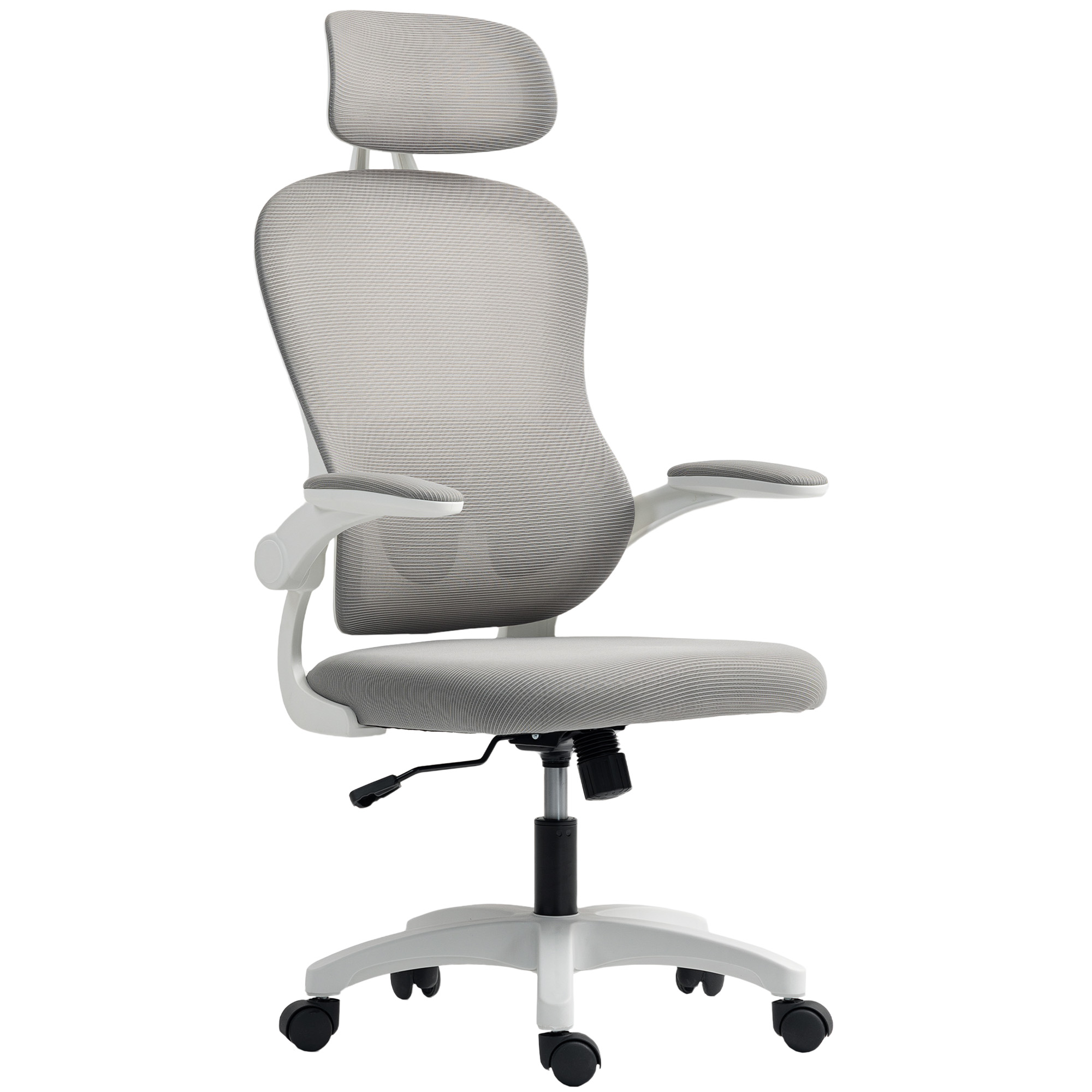 Ergonomisks biroja krēsls ar sieta atzveltni, regulējams augstums, nolokāmi roku balsti, 5 ritentiņi, šūpošanās funkcija, pelēks