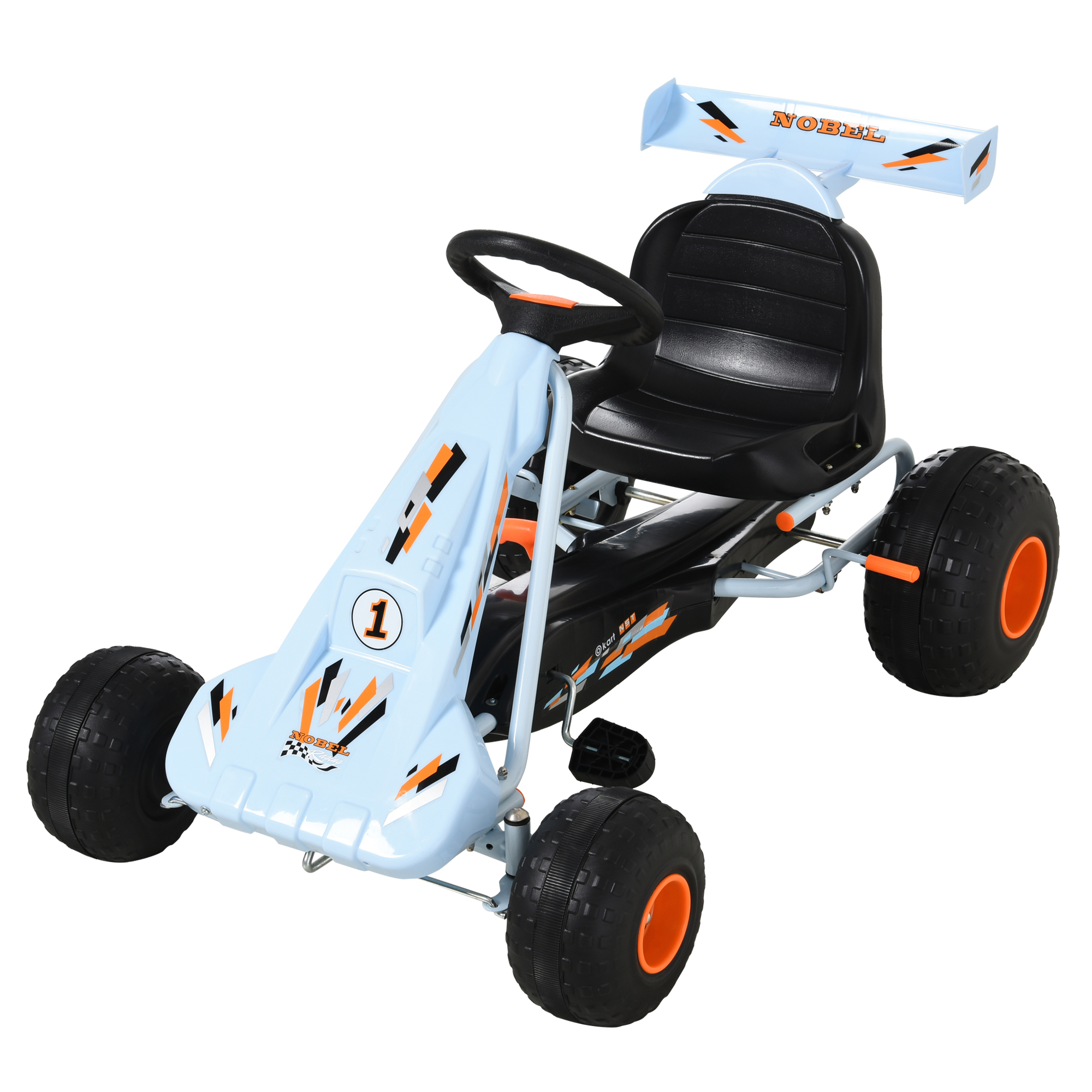Gokarts-pedāļu automašīna ar rokas bremzi, regulējamu sēdekli, pedāli, pārnesumiem uz priekšu un atpakaļ, pedāļu gokarts, bērnu transportlīdzeklis, bērnu rotaļlieta, pedāļu gokarts bērniem no 3 gadu vecuma, gaiši zils