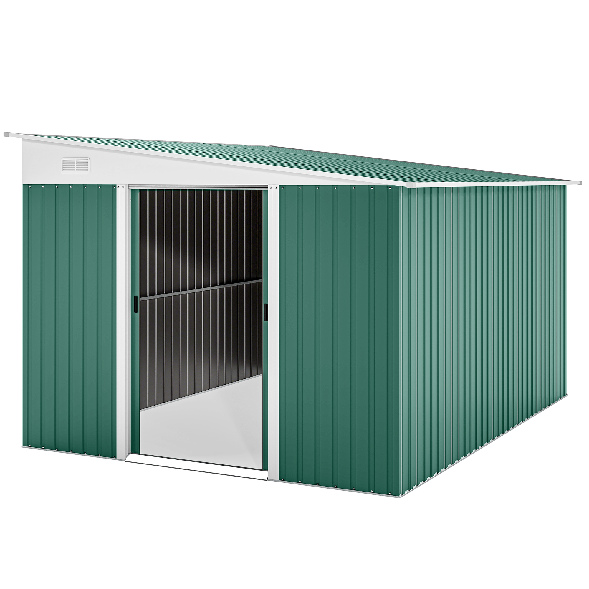 Metāla dārza šķūnis ar slīpu jumtu un slēdzamām dubultdurvīm, 2,8 x 3,45 x 2,01 m, zaļš