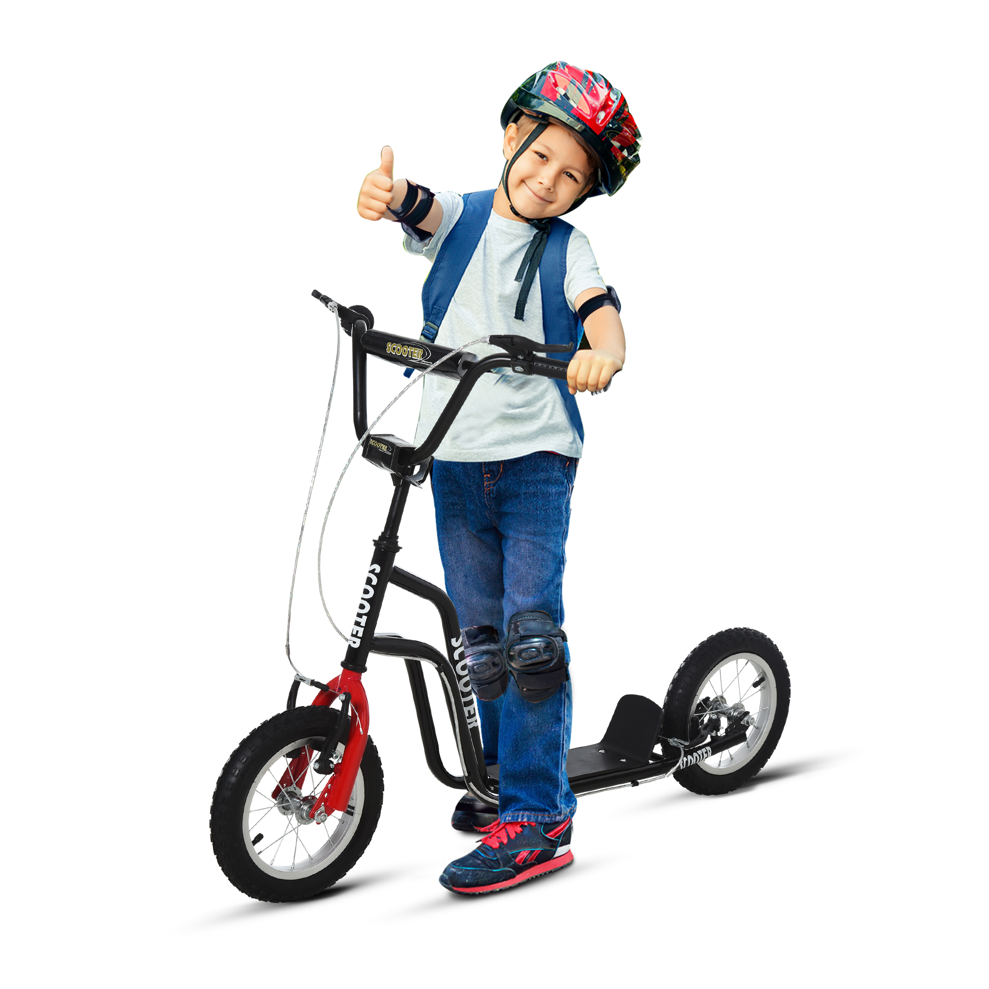 Bērnu skrejritenis ar regulējamu stūri, kick skrejritenis, pilsētas skrejritenis, bērnu skrejritenis, kickboard ar pneimatiskajām riepām, 30,5 cm, vecums 5+, melns, 120 x 58 x 75-80 cm