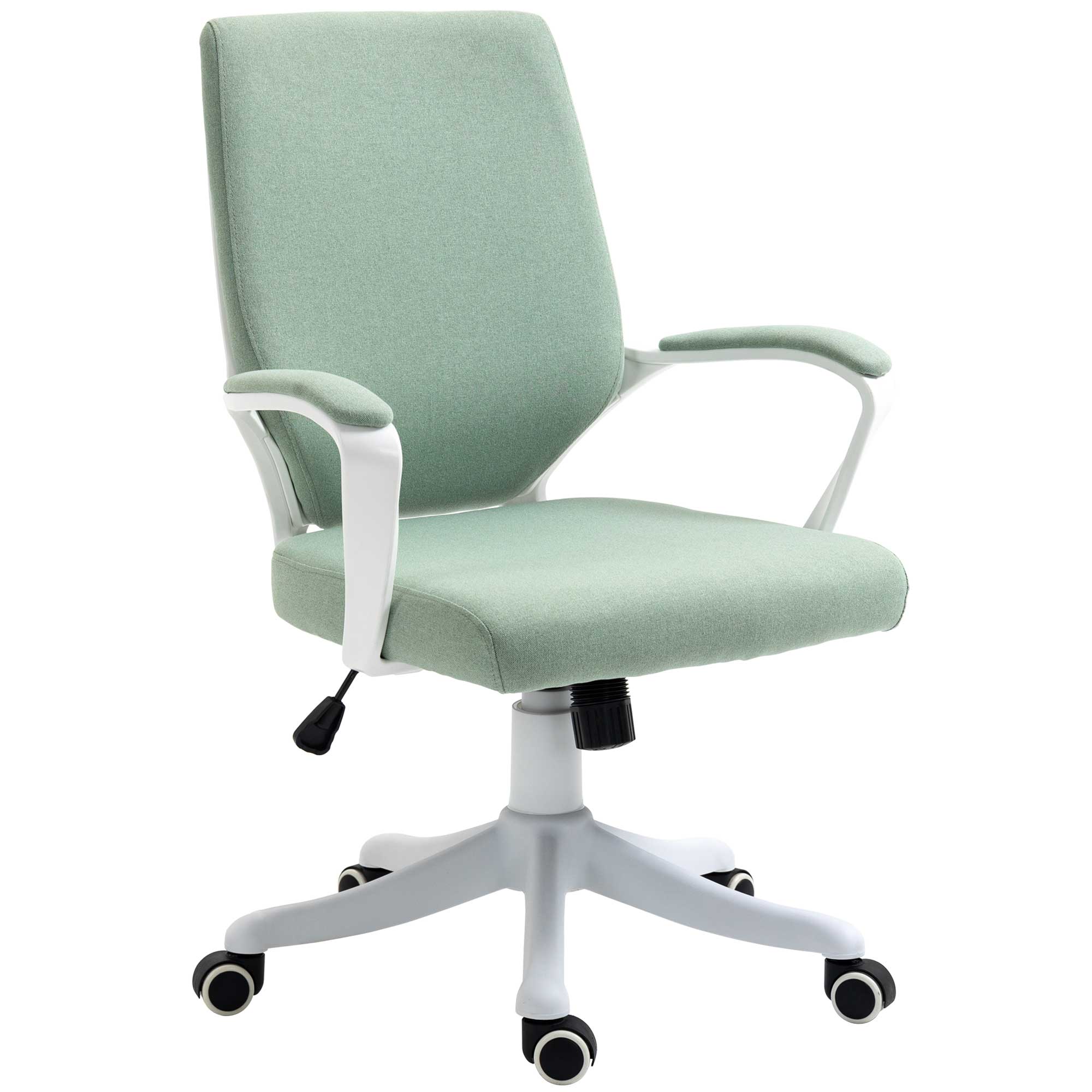 Biroja krēsls, rakstāmgalda krēsls, mājas biroja krēsls ar šūpošanās funkciju, augstumā regulējams atzveltnes, biezi polsterēts, ergonomisks, 360° grozāmi riteņi, poliesters, neilons, PP, zaļa+balta, 62x69x92-100 cm
