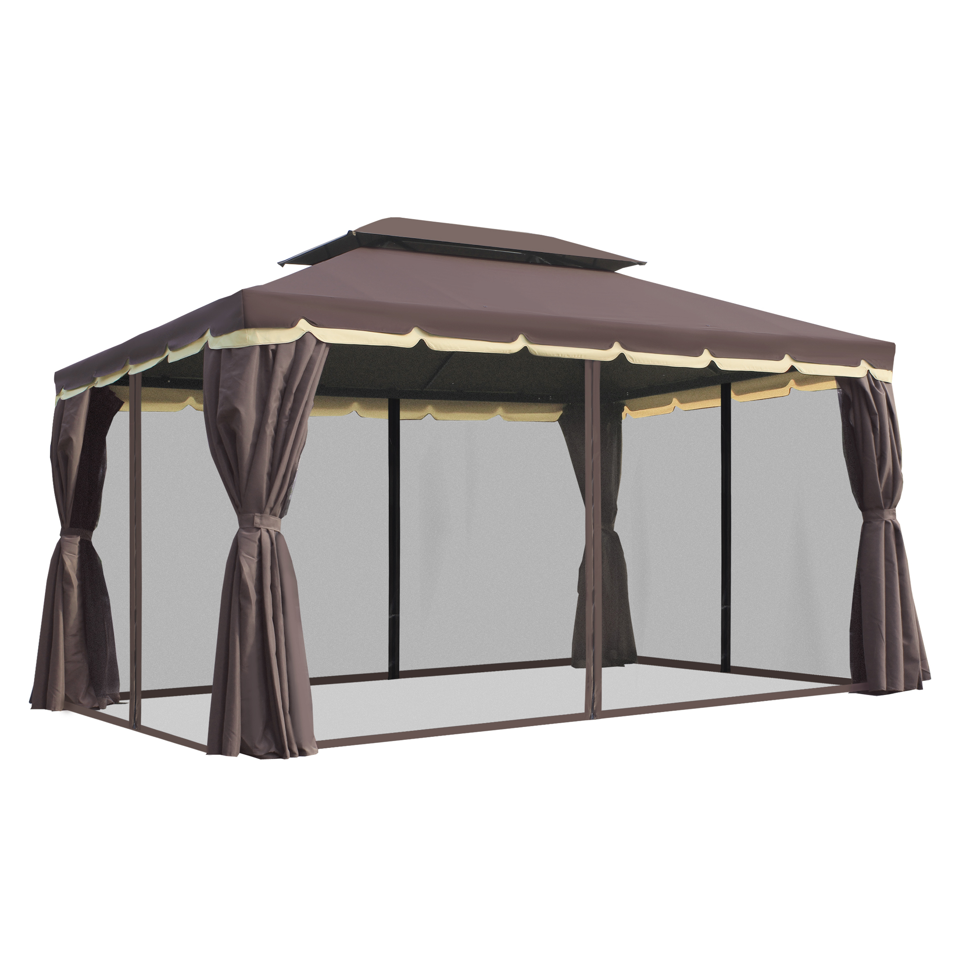 Dārza paviljons, dārza lapene, 390 x 290 x 280 cm, dārza telts, pasākumu telts, ballīšu telts ar 4 sānu paneļiem, moskītu tīkls, laikapstākļu izturīga, alumīnijs, poliesters, kafijas + melna krāsa