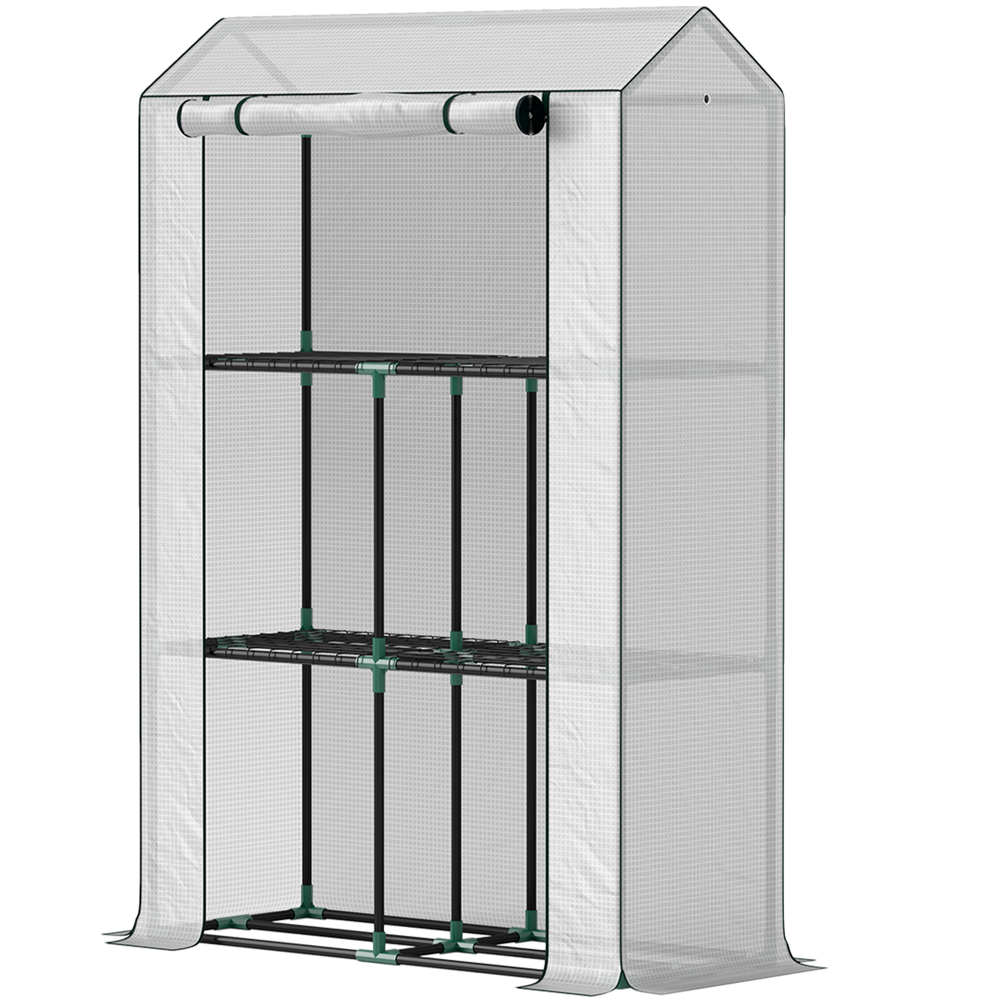 Siltumnīca ar 3 līmeņu plauktu, UV staru izturīgu plastmasas pārsegu, ruļļveida durvīm, 100 x 40 x 150 cm, balta