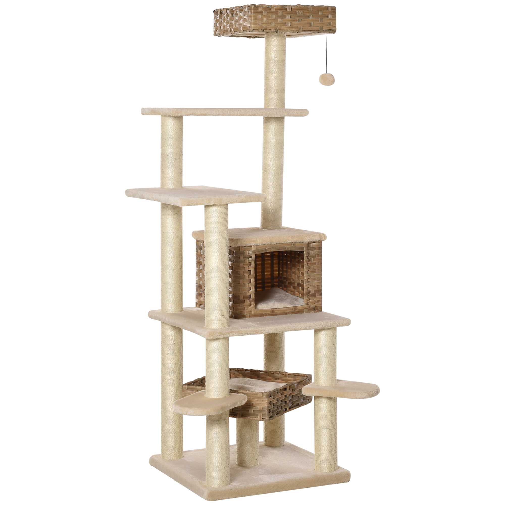 Rotangpalmas kaķu koks ar kaķu alu, daudzlīmeņu kaķu koks, kāpšanas koks kaķiem, E1 MDF sizala, bēšs+brūns, 55 x 55 x 174 cm