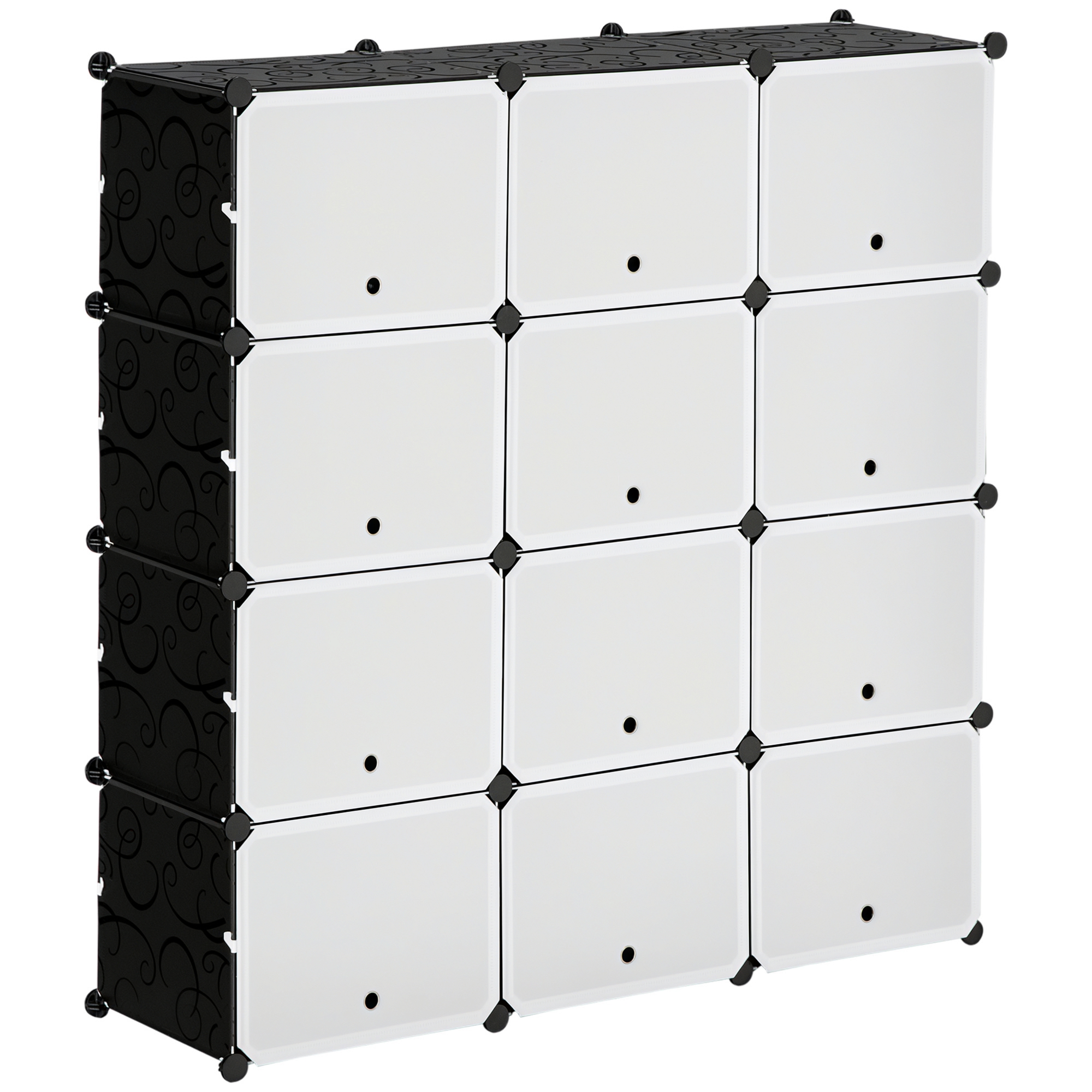 Modulāra plauktu sistēma, iespraužama plauktu vienība, salikta no 12 kubiem 125 x 32 x 125 cm, plastmasa+melns tērauds