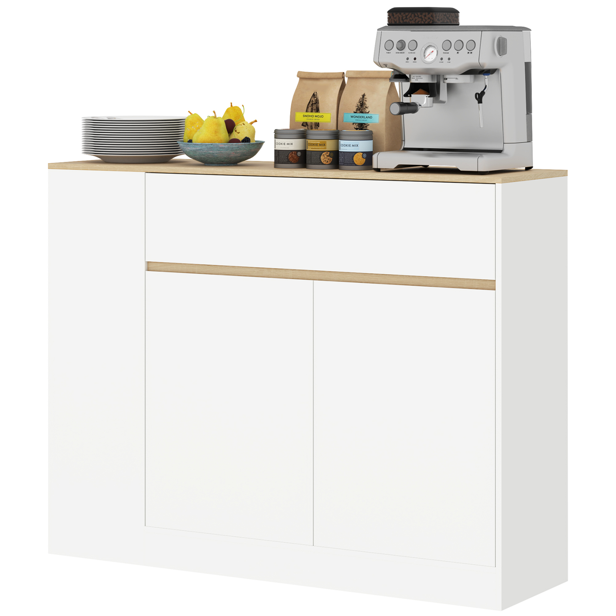 Kumode, liels skapja nodalījums, 3 plaukti, atvilktne, 106 x 30 x 81,2 cm, balta/koka