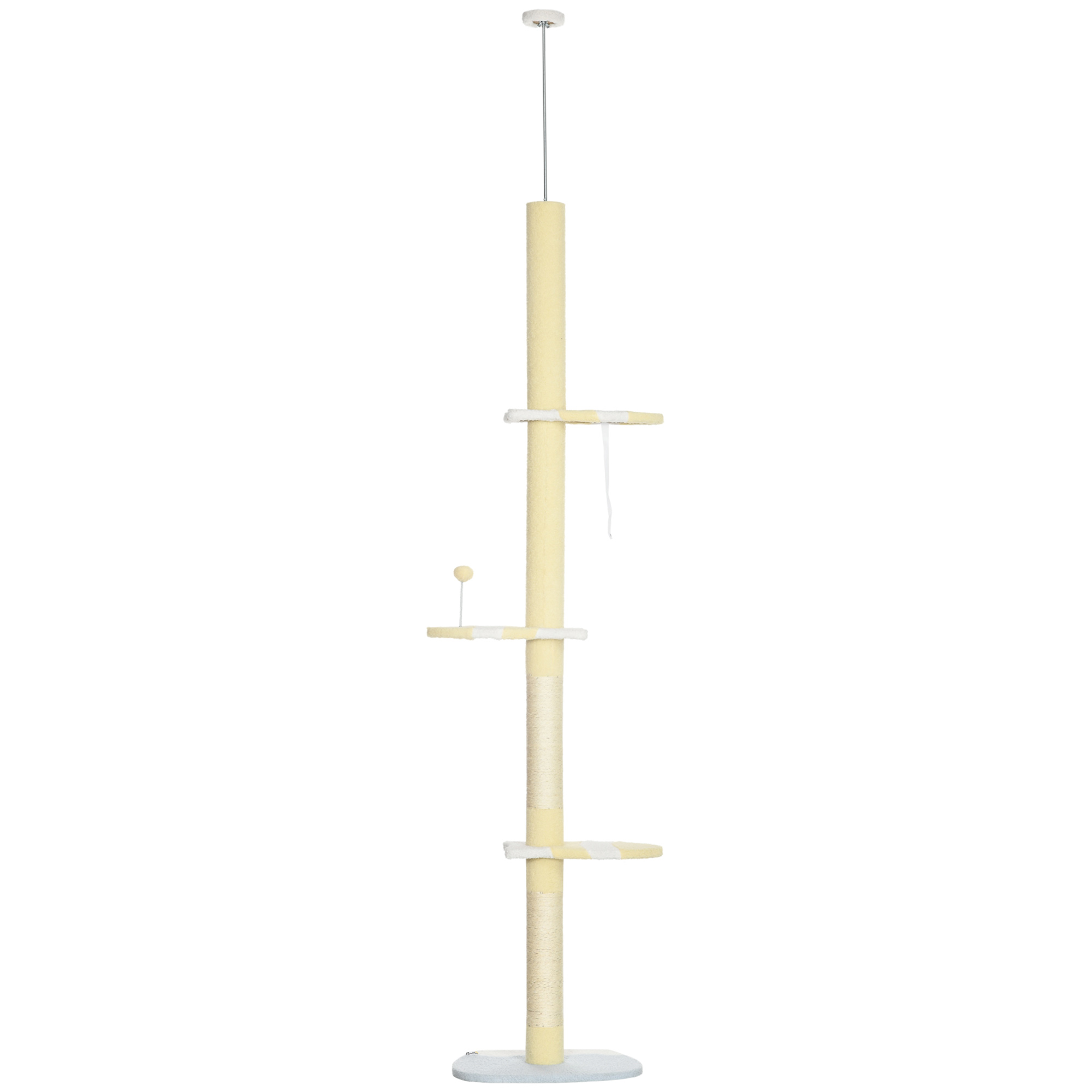 Kaķu dresētājs ar regulējamu augstumu, neslīdošiem, sizala virves stabiem, augstums 220–260 cm x garums 47 cm x platums 34 cm, dzeltens/balts/zils