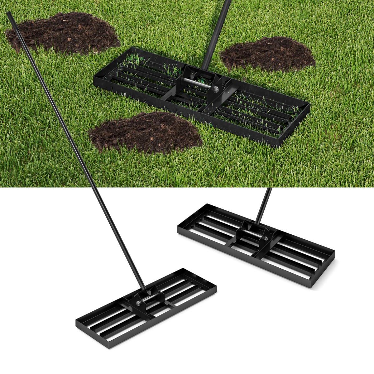 76,2 cm x 25,4 cm zāliena līdzināšanas grābeklis ar ergonomisku rokturi - melns
