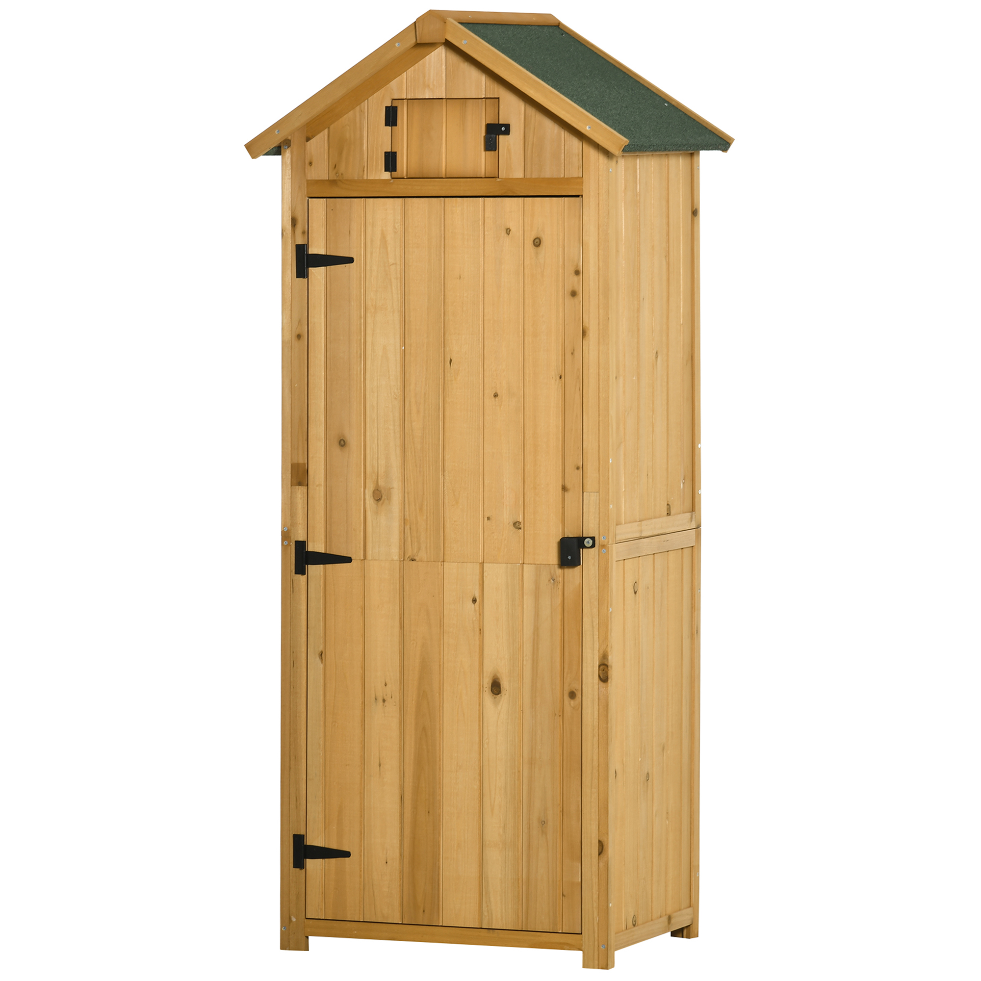 Dārza šķūnis, dārza māja, instrumentu šķūnis, aprīkojuma šķūnis ar plauktiem, asfalta jumts, logs, koks, dzeltena+zaļa, 77 x 54,2 x 179 cm