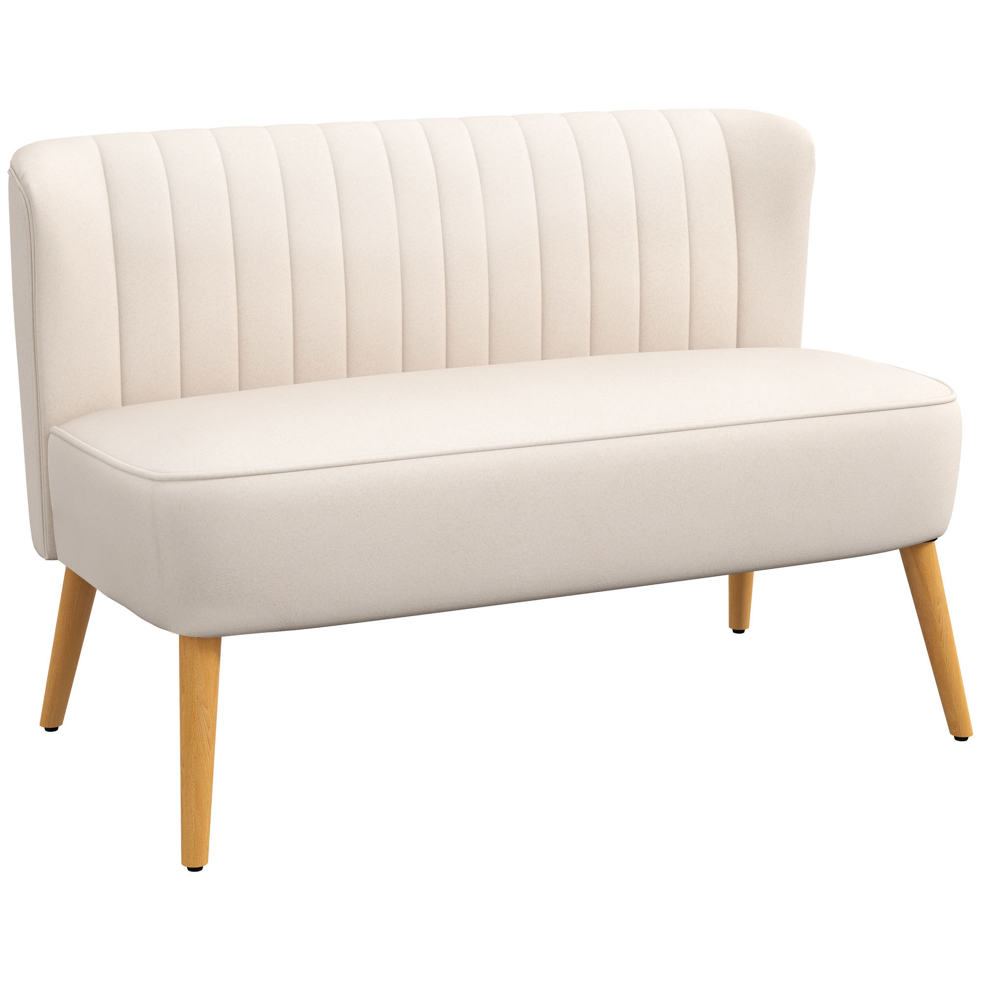 Retro dizaina divvietīgs dīvāns, koka kājas, 117 cm x 56,5 cm x 77 cm, krēmbalts