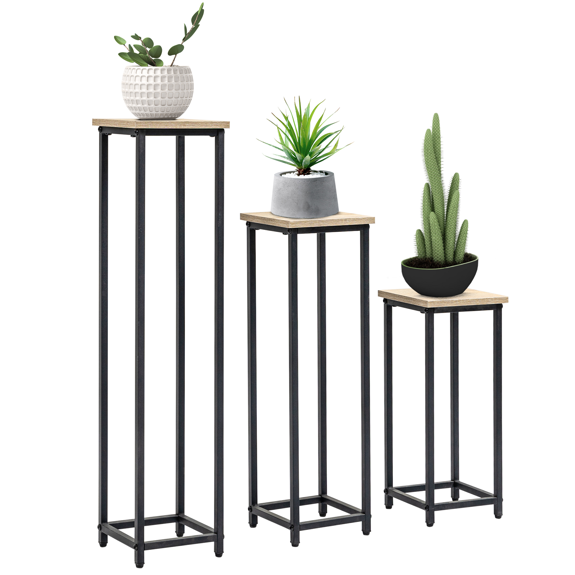 3 daļu sakraujams, vietu taupošs augu statīvu komplekts, 21 cm x 21 cm x 50/70/90 cm, tērauda, brūns + melns