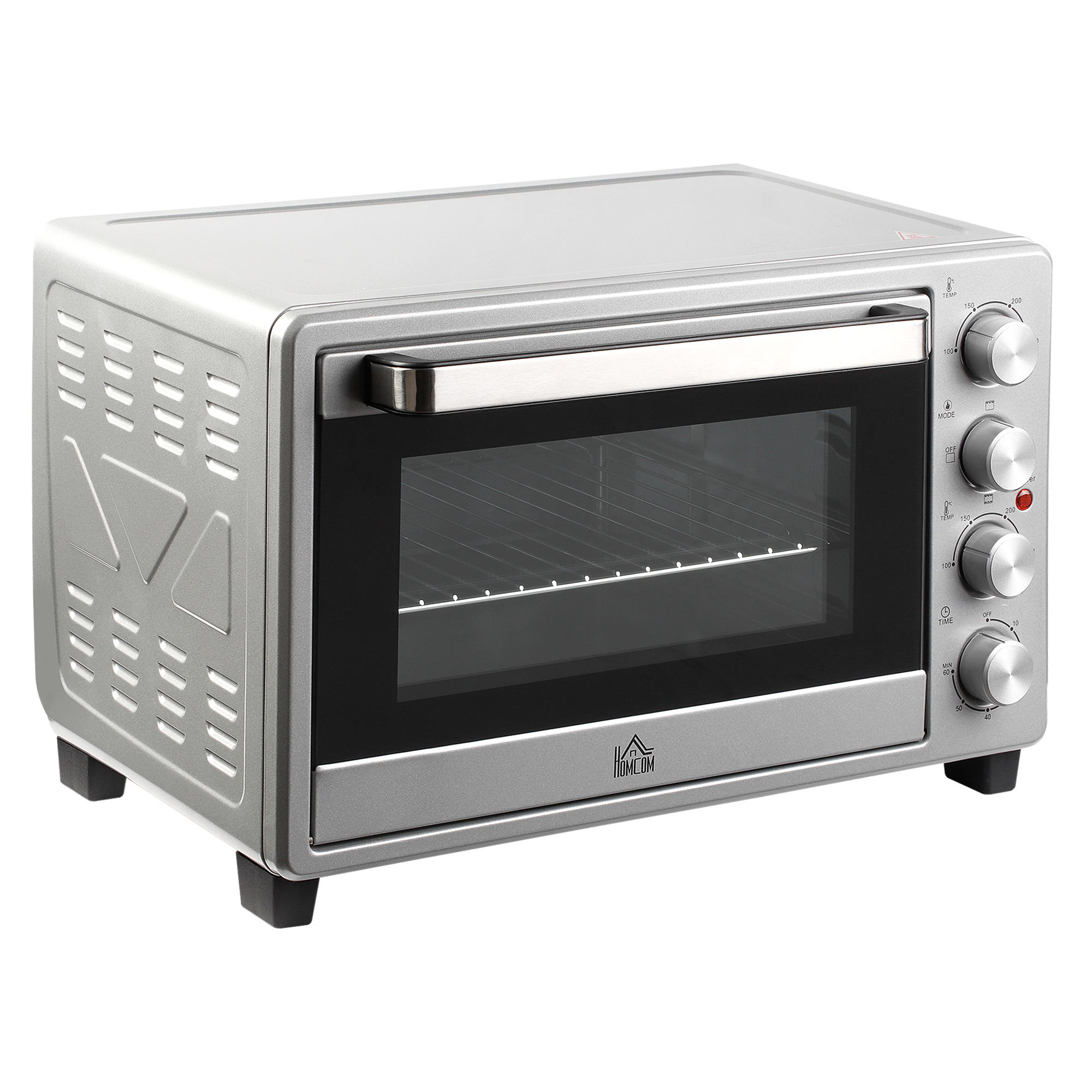 Mini krāsns 32L 100°C-230°C 1600W Mini krāsns ar cepšanas paplāti, drupaču paplāti, grila režģi un 3 gatavošanas režīmiem Picas krāsns ar taimeri Cepšanas paplātes rokturis Nerūsējošais tērauds Sudraba krāsā