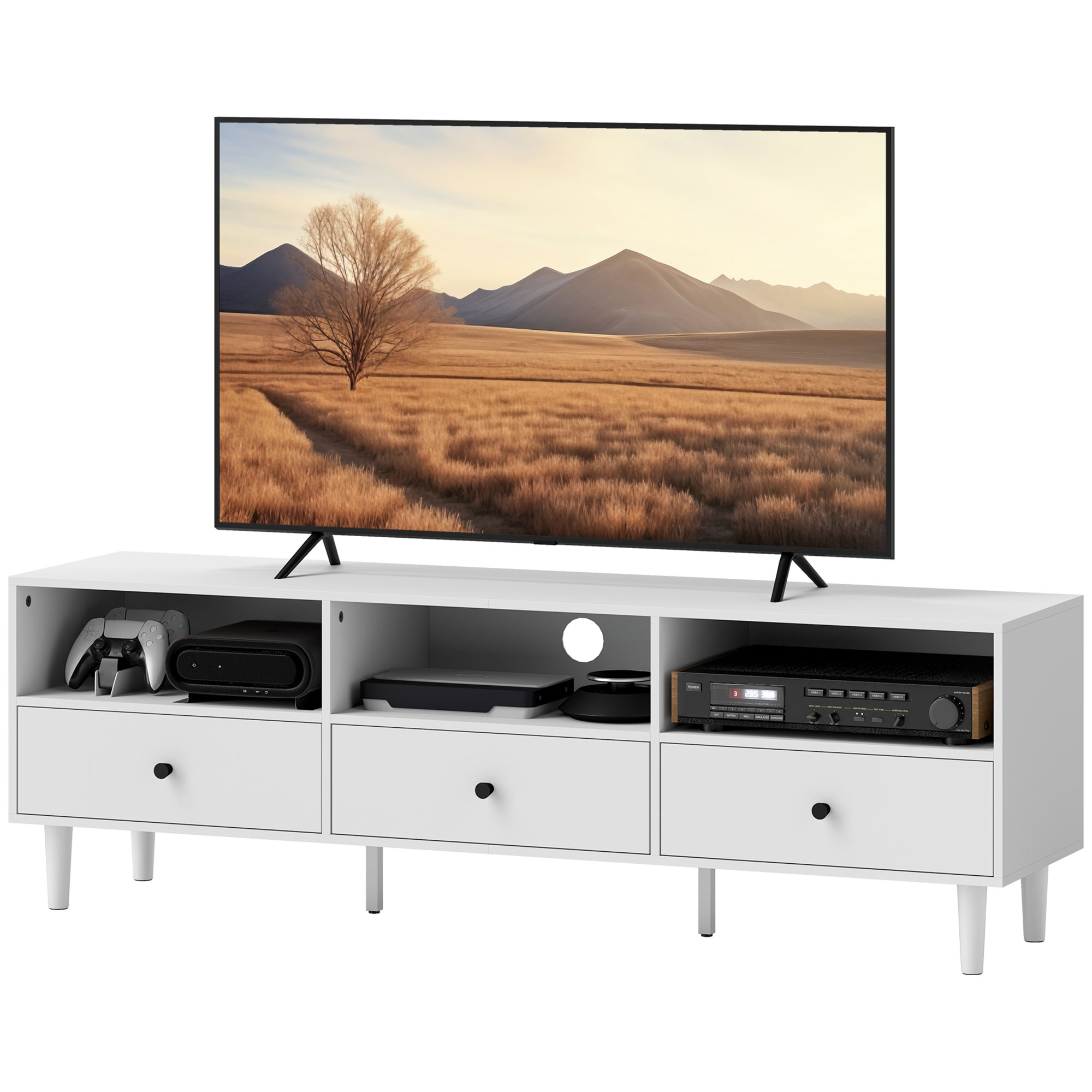 TV skapītis, TV statīvs 190 cm ekrāniem, 3 atvērti nodalījumi, 3 atvilktnes, skaidu plāksne, balts