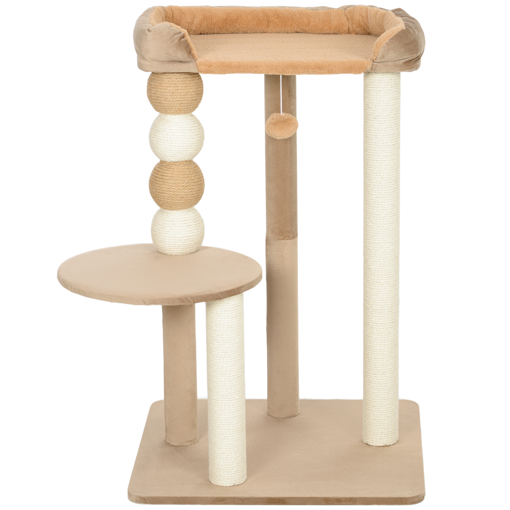 Kaķu māja ar 2 līmeņiem, rotaļu bumbu, skrāpējamiem stabiem, skrāpējamām bumbiņām, līdz 7 kg, 56 x 54 x 86 cm, brūna