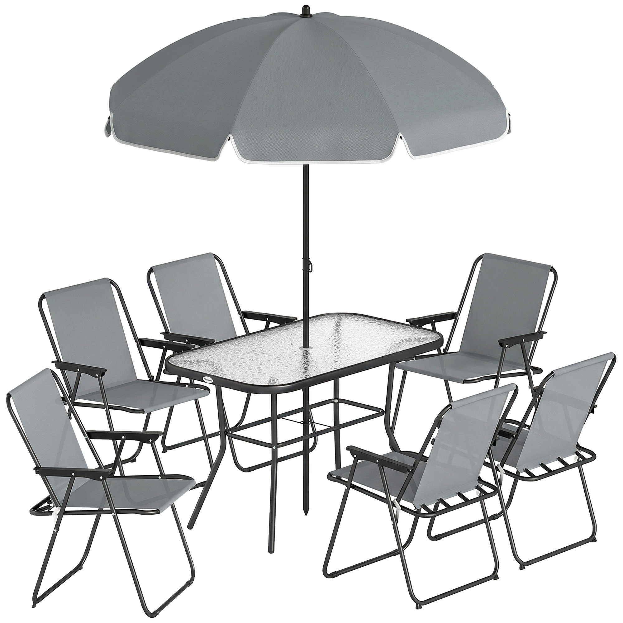 Dārza mēbeļu komplekts, sēdvietu grupa, 119 x 68 cm, stikla galds ar 6 saliekamiem krēsliem, saulessargs, ūdens viļņu raksts, pelēks