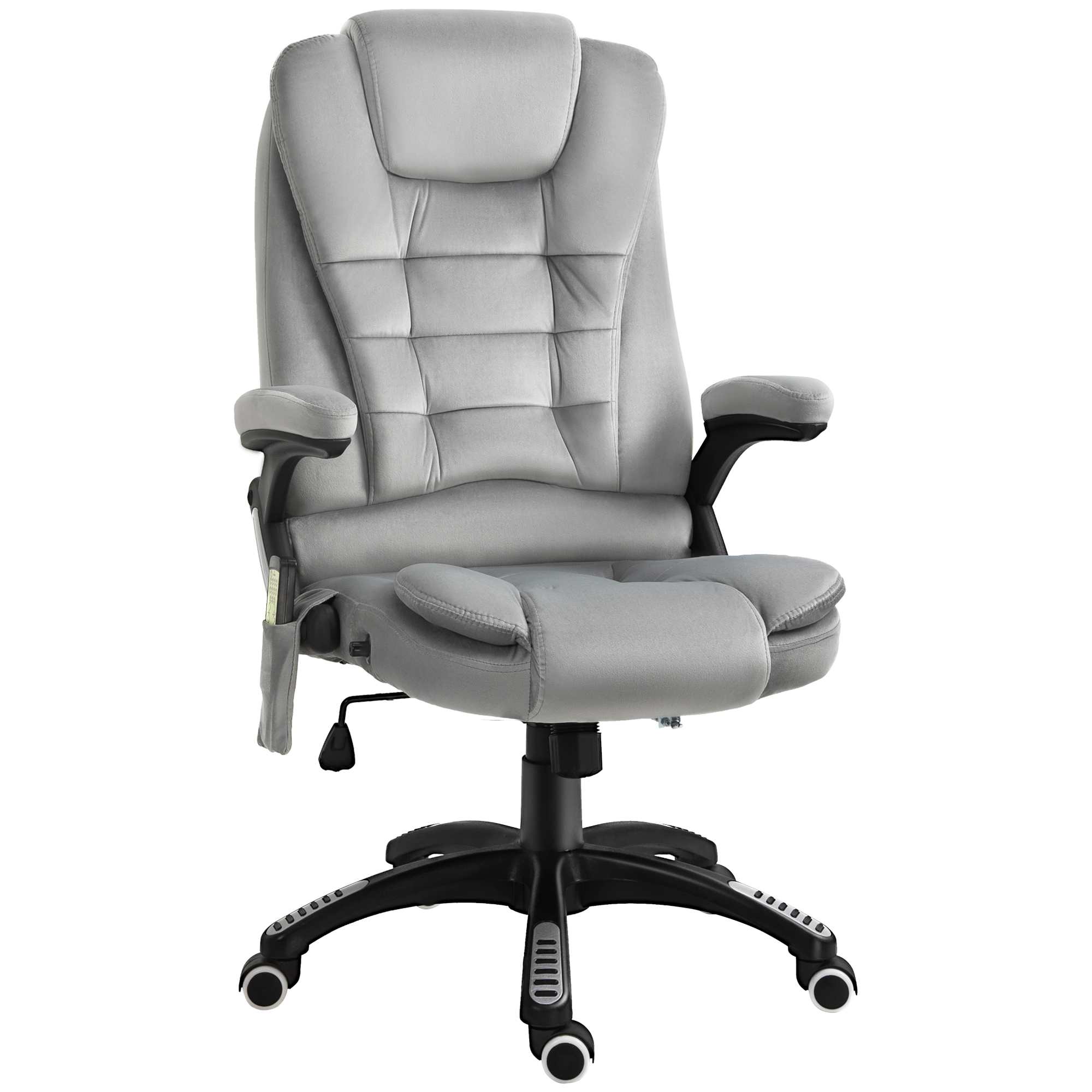 Biroja krēsls ar masāžas funkciju, ergonomisks vadītāja krēsls ar apkures funkciju, atgāšanas funkcija, šūpošanās funkcija, regulējams augstums, grozāms par 360°, datorkrēsls ar sānu kabatu, samta imitācija, pelēks