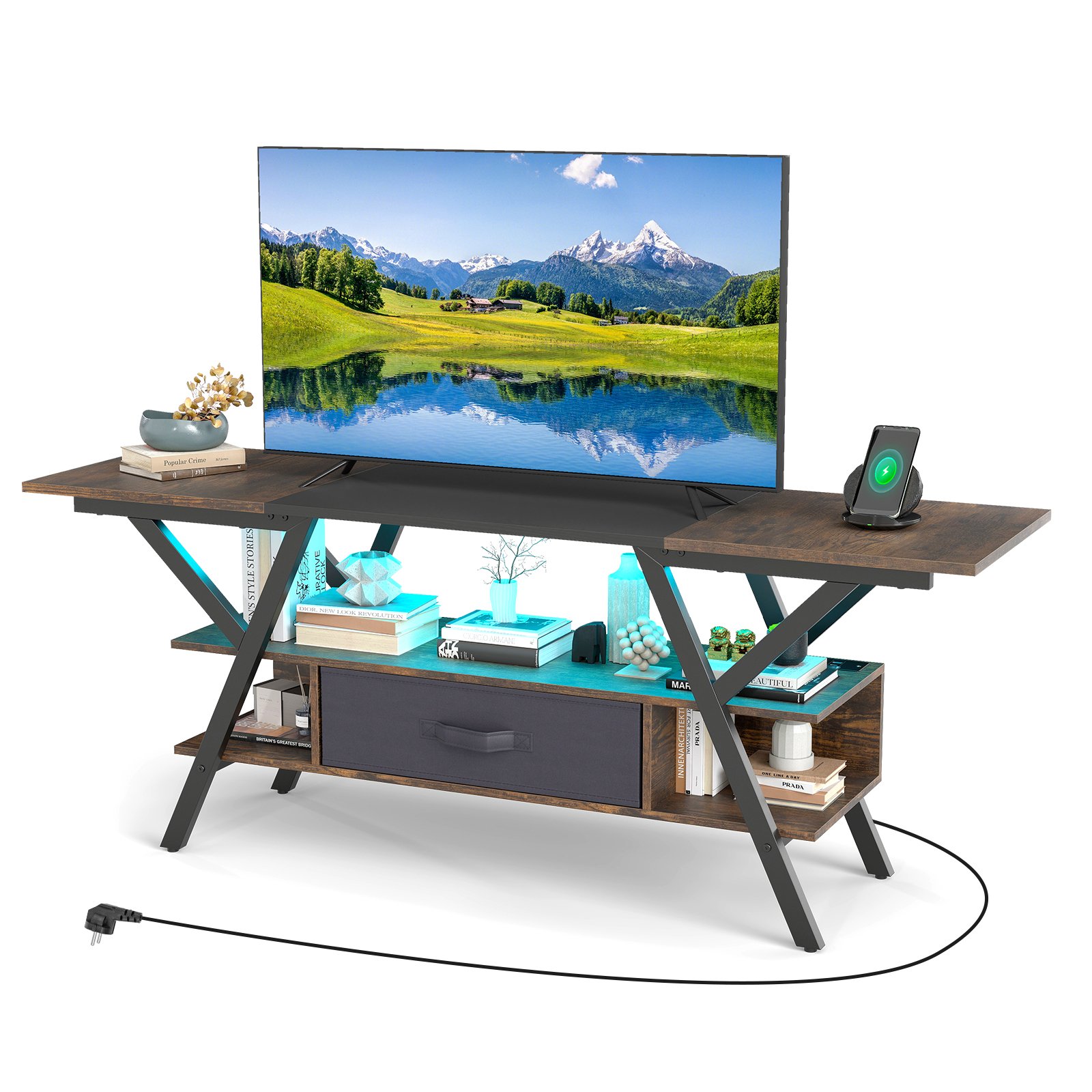 TV statīvs 165 cm televizoriem, 3 līmeņu izklaides centrs ar LED gaismām, rustikāli brūns