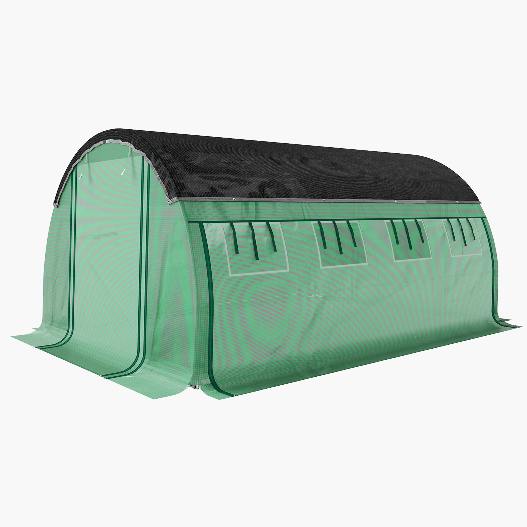 4 x 3 x 2 m polituneļa siltumnīca ar saules aizsargsietu, sarullējamām sānu sienām, plastmasas pārsegu, tērauda rāmi, zaļa