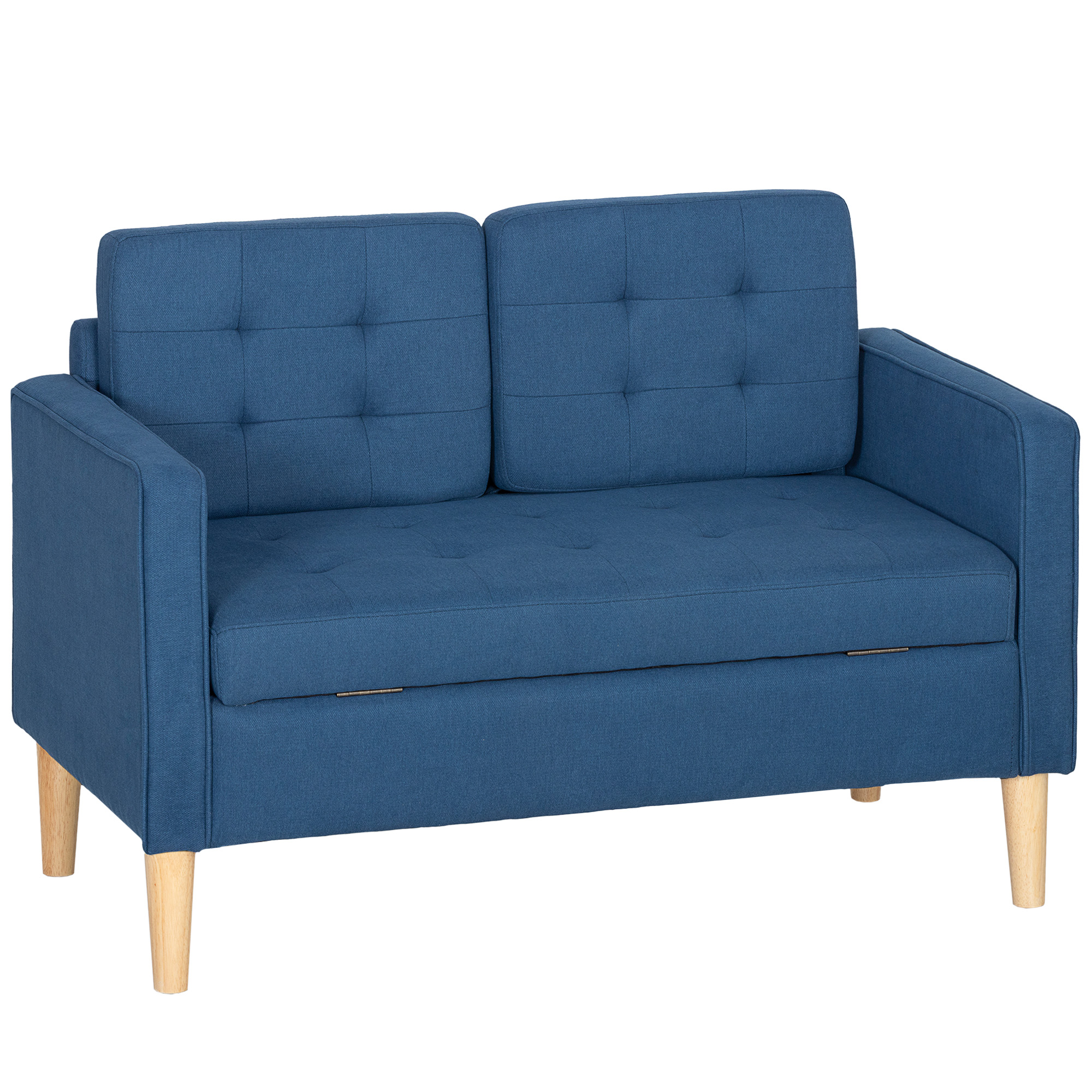 Divvietīgs dīvāns ar atvilktni uz glabātuvi, pogveida apdare, spilveni, gumijkoks, 117x62x78cm, zils