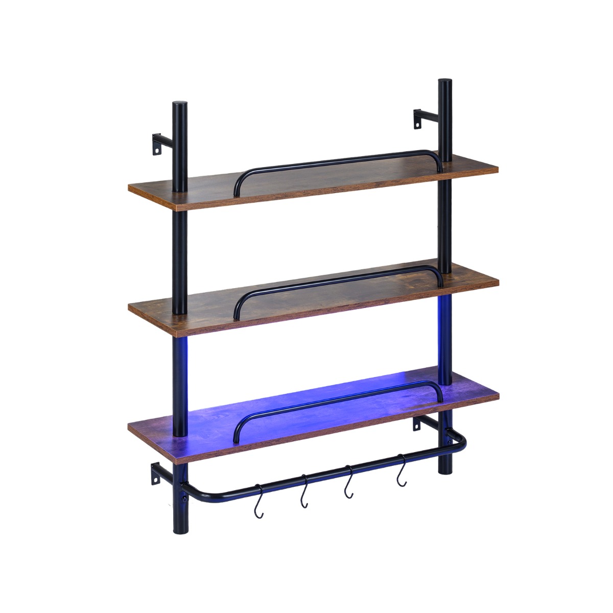 Sienas plaukts, 3 līmeņu peldošs plaukts ar LED apgaismojumu, tālvadības pulti un lietotnes vadību, 4 S veida āķi, industriāls stils, 80,5 x 24 x 97 cm, melns