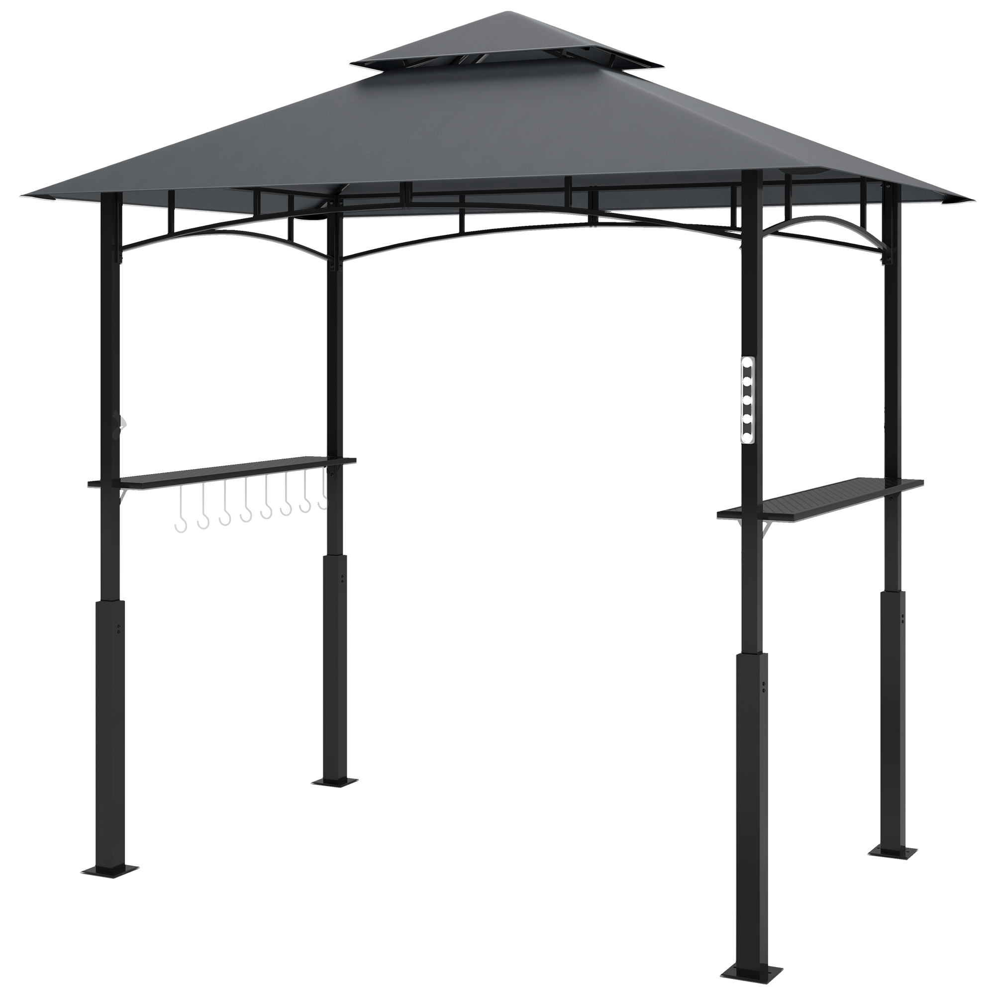 Grila paviljons, dārza grila telts ar garšvielu plauktiem, LED apgaismojums, metāls, plastmasa, 243 x 148 x 248 cm, pelēks