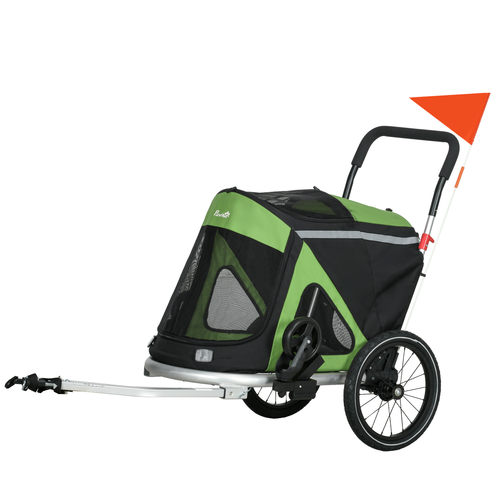 2-vienā suņu ratiņi/suņu skriešanas ratiņi/velosipēda piekabe līdz 20 kg, 2 atstarotāji, 1 drošības pavada, 150 x 68 x 95 cm, zaļi