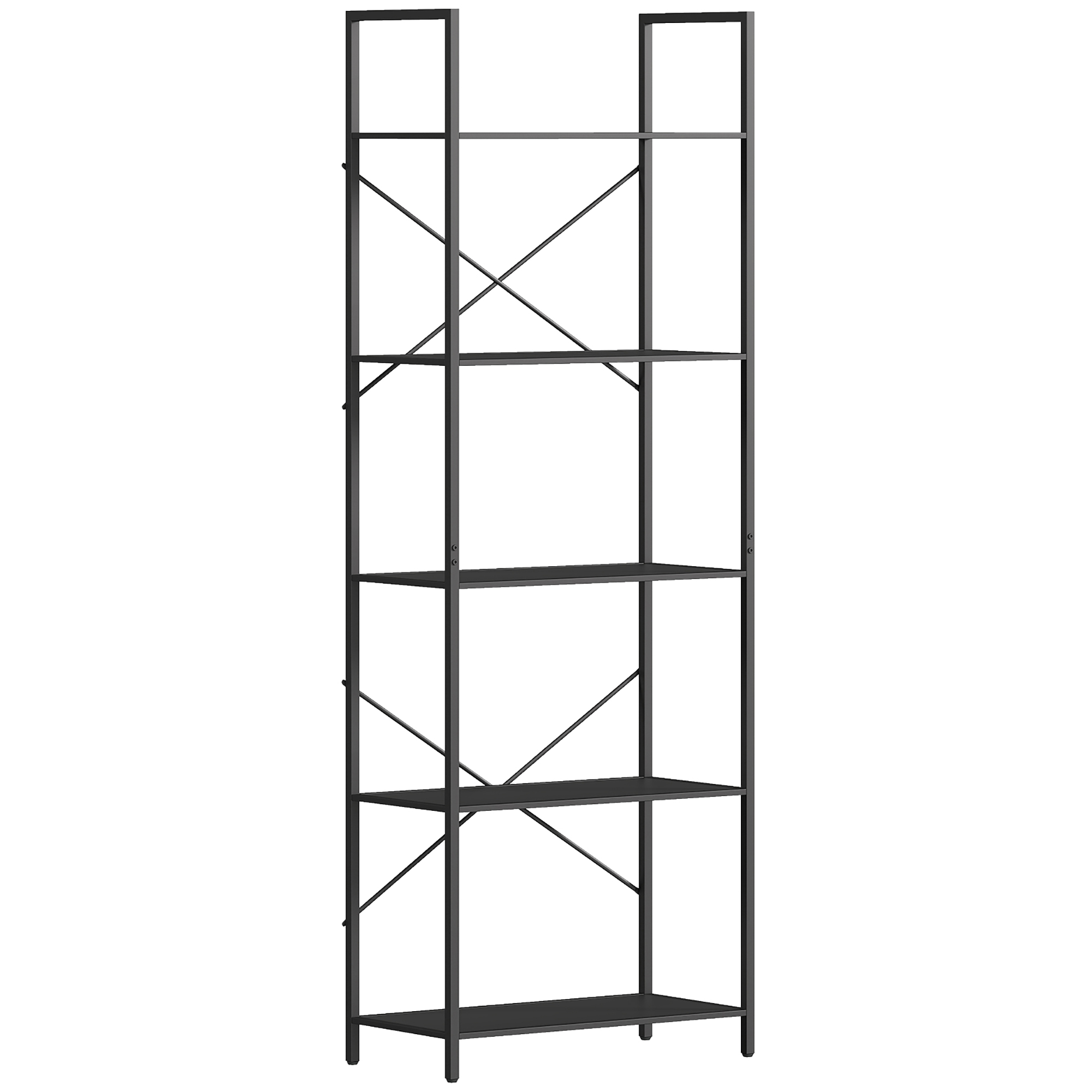 Grāmatu plaukts, brīvstāvošs plaukts ar 5 plauktiem, industriāls biroja plaukts ar metāla rāmi, atvērts uzglabāšanas bloks viesistabai, birojam, kabinetam, 60x30x170,5 cm, melns