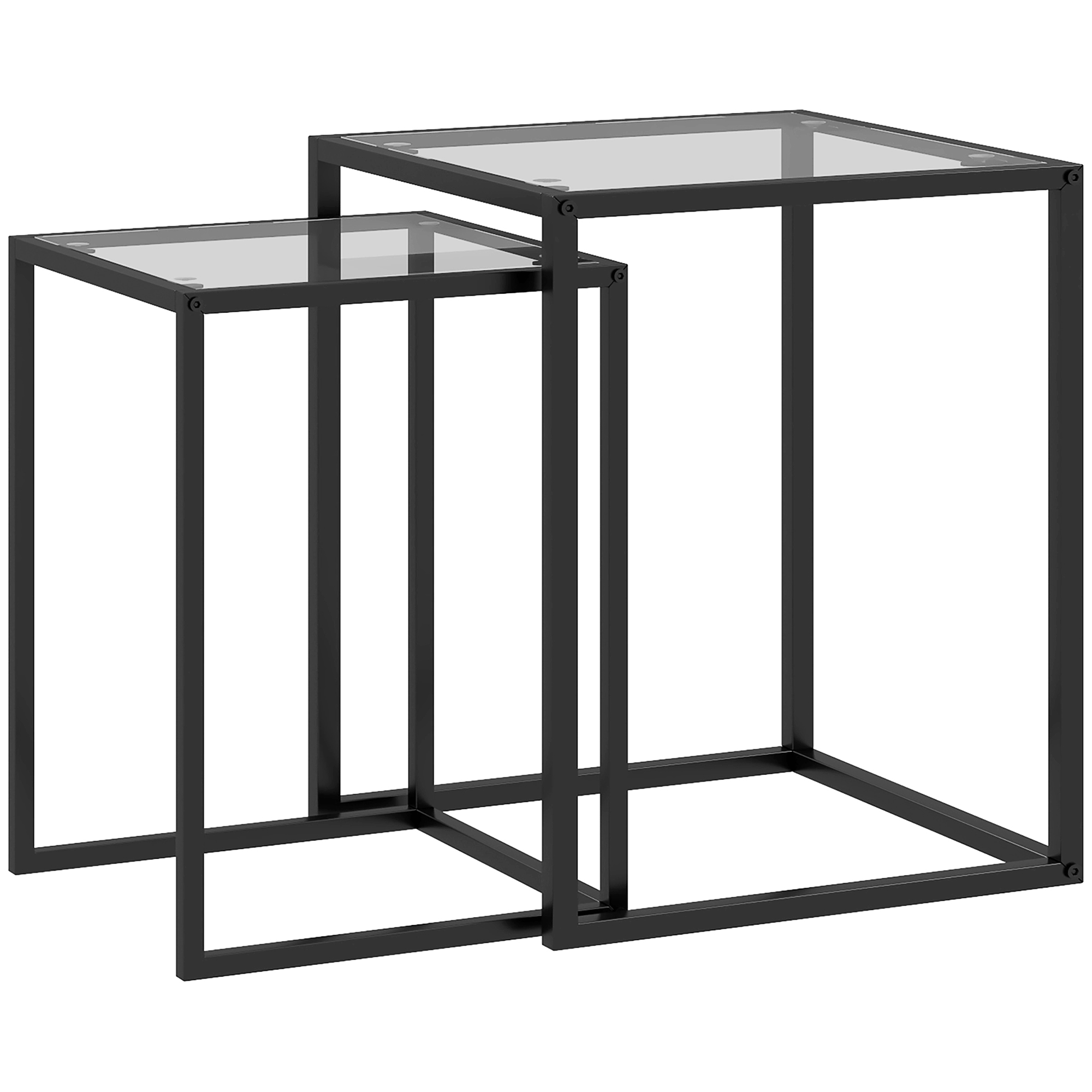 2 sānu galdiņu komplekts, sakraujami naktsgaldiņi/kafijas galdiņi ar tērauda kājām, moderns dizains viesistabai, melns