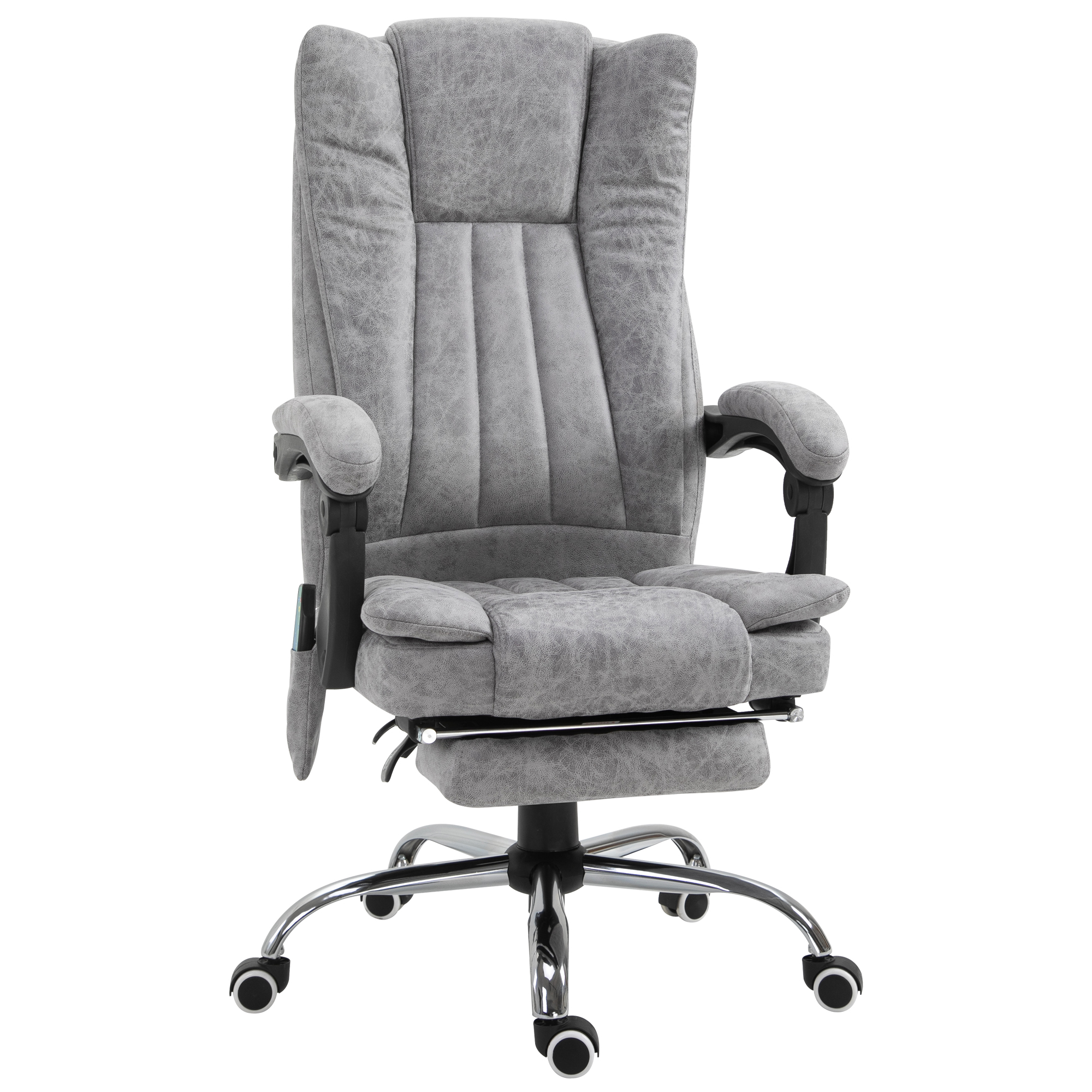 Biroja krēsls ar masāžas funkciju, ergonomisks rakstāmgalda krēsls ar apkures funkciju, atgāšanas funkcija, augstumā regulējams grozāmais krēsls ar kāju balstu, sānu kabata, pelēks