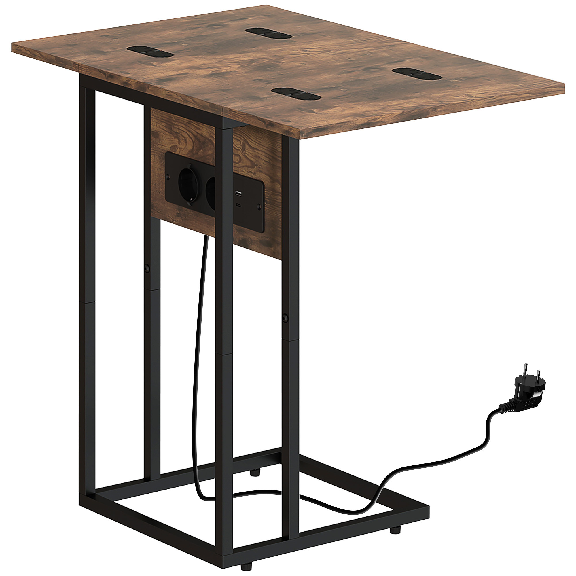 Salokāms sānu galdiņš, uzlādes stacija ar USB portiem, metāla, 39 x 29 x 57 cm, brūns