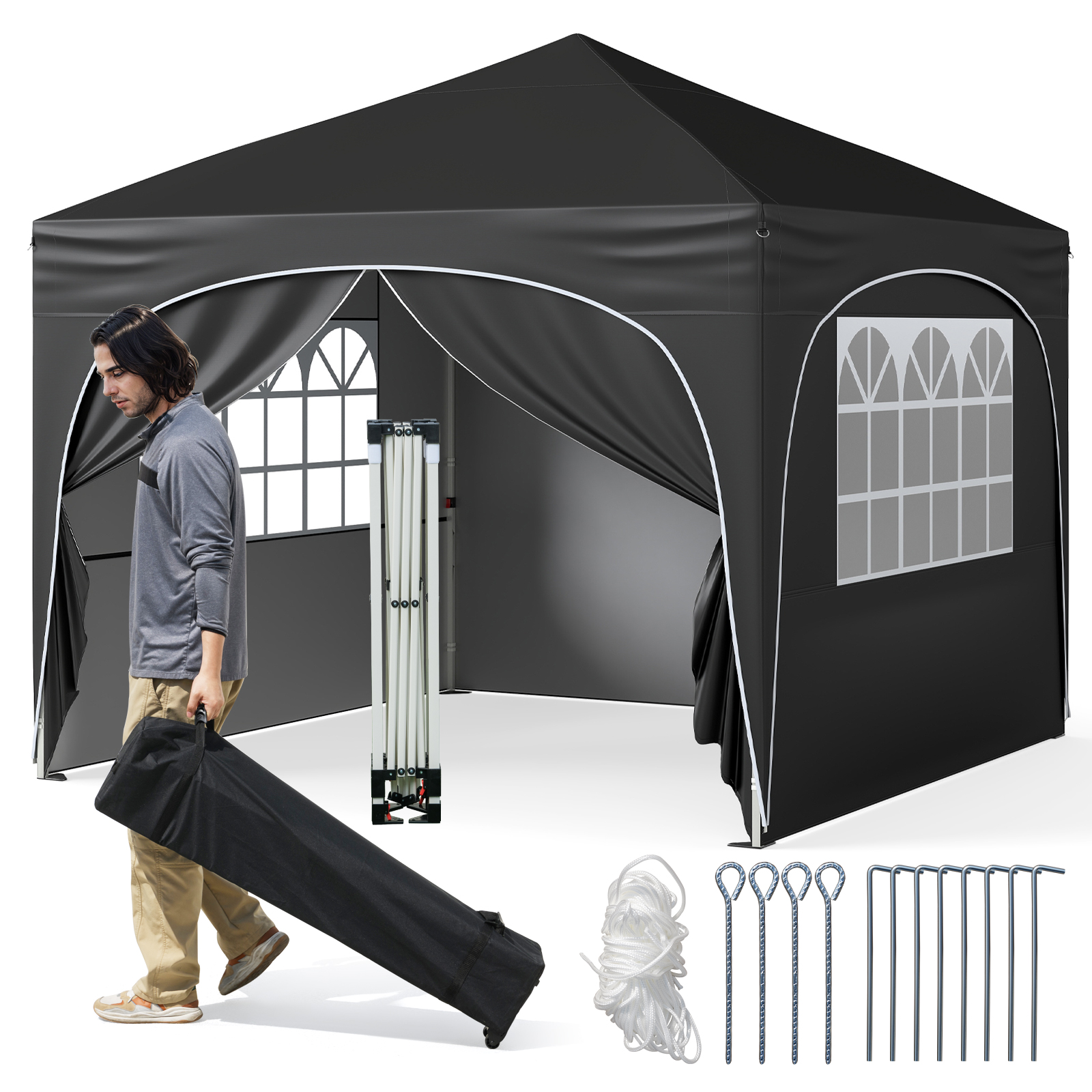 Uznirstoša ātri uzceļama dārza telts un paviljons ar četrām noņemamām sānu sienām, riteņu transportēšanas somu un mietiem, 3 x 3 m, melna